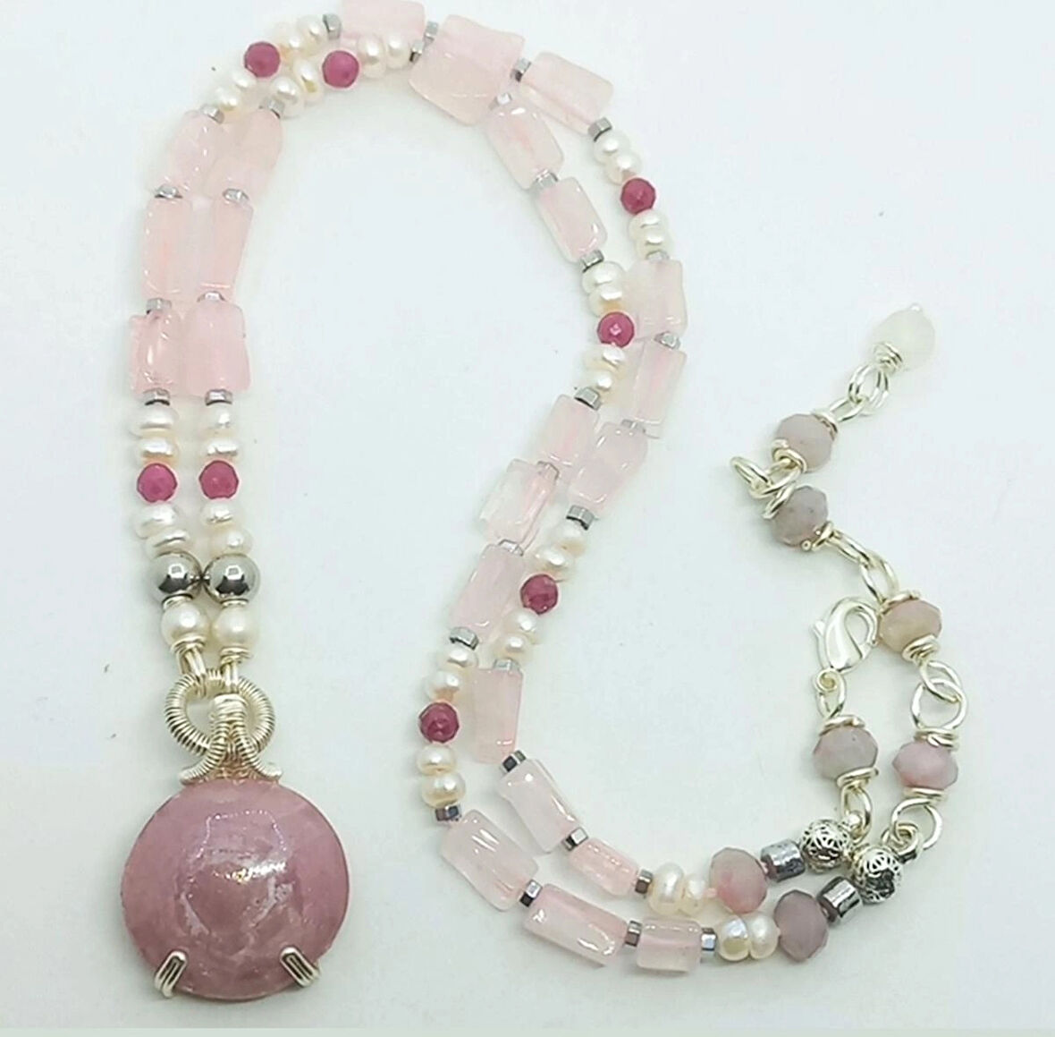 2409 Kök Safir pembe Kuvars doğal İnci Yakut Hematit el yapımı kolye