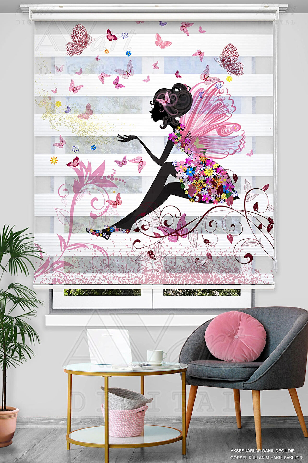 Peri Kızı Ve Kelebek Baskılı Genç Odası Perdesi - Dijital Baskılı Zebra Stor Perde