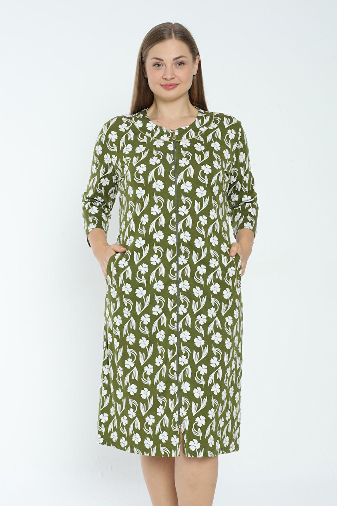 Kadın Yeşil Desenli Truvakar Kollu Büyük Beden Pamuklu Fermuarlı Elbise
