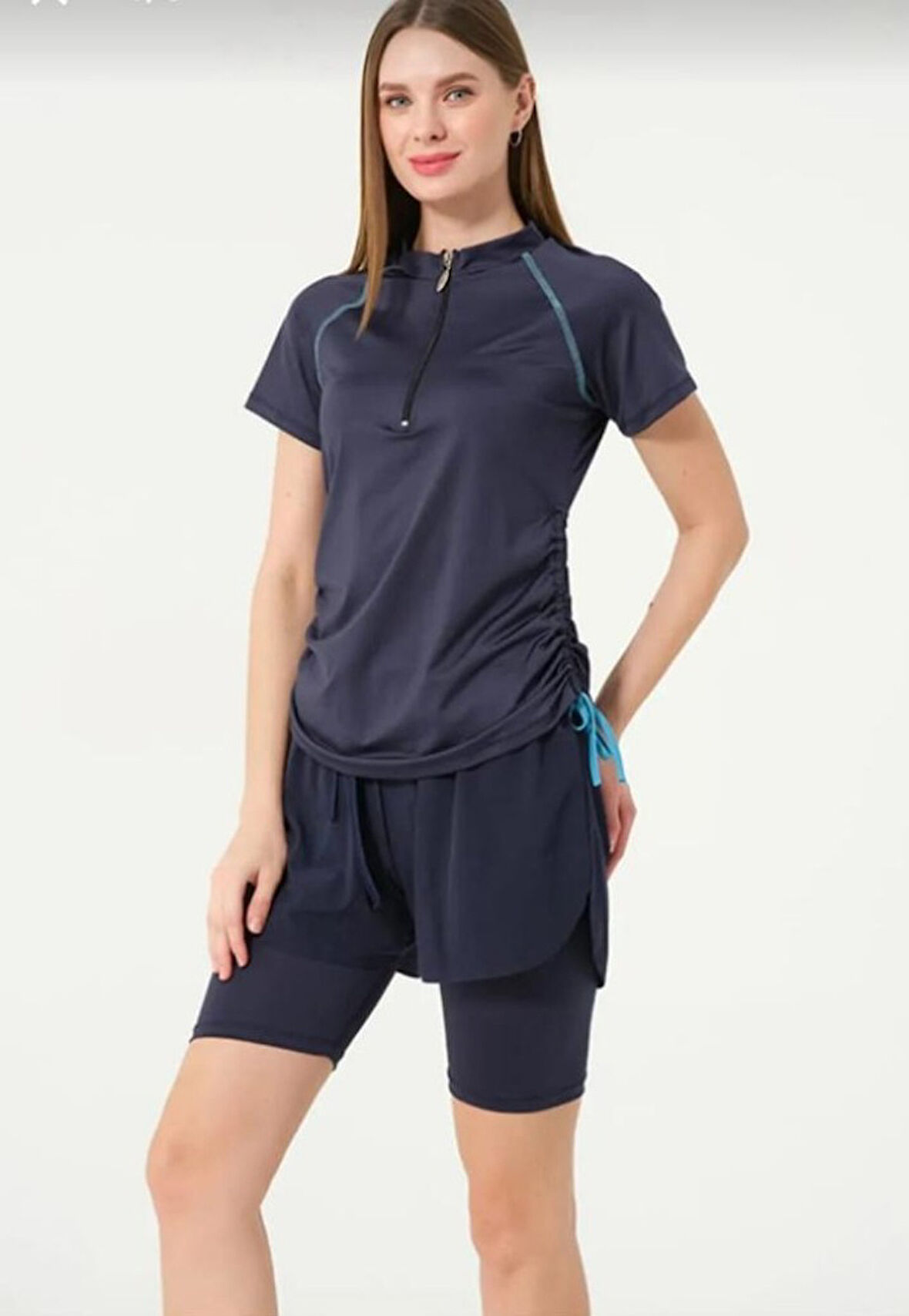 Tesmay 24156 Lacivert  Kısa Kol Yarım Fermuarlı Hızlı Kuruyan Kumaş Şortlu Taytlı Yarı Kapalı Mayo