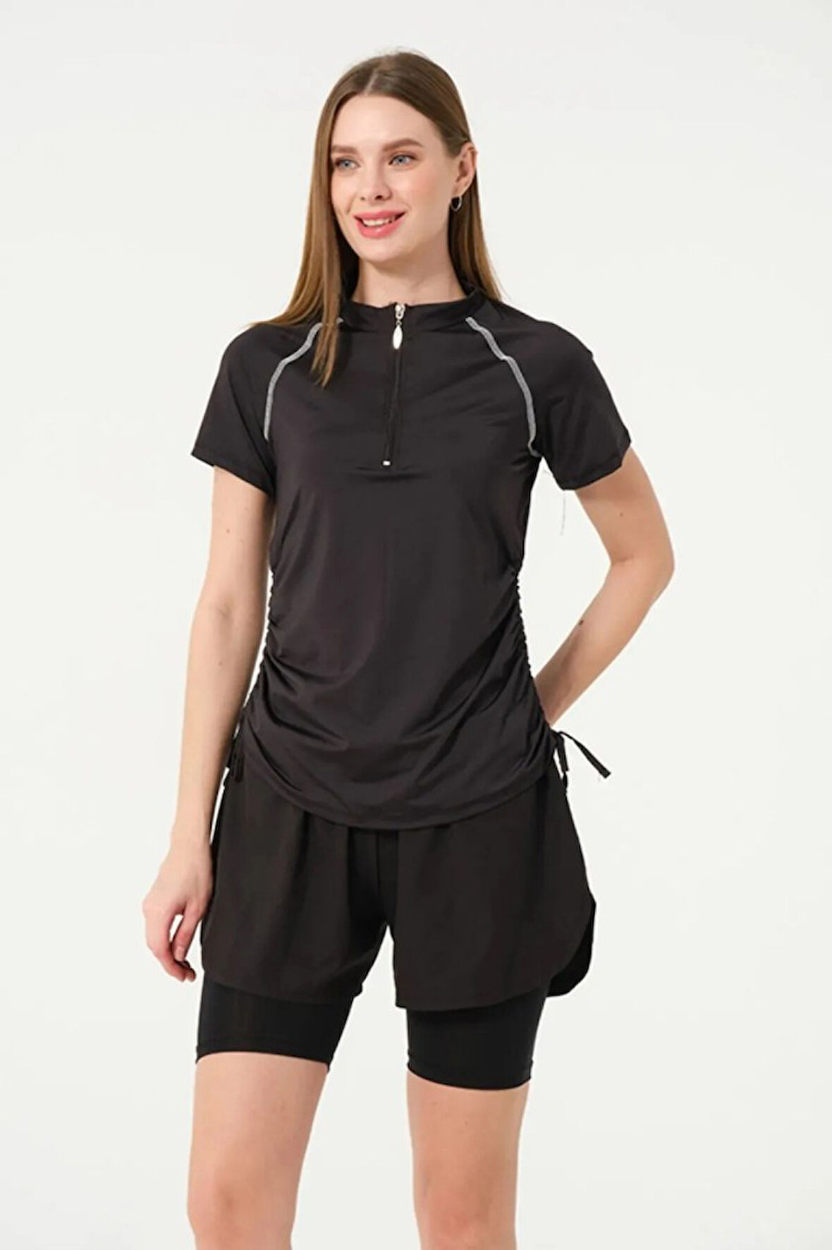 Tesmay 24156  Kısa Kol Yarım Fermuarlı Hızlı Kuruyan Kumaş Şortlu Taytlı Yarı Kapalı Mayo