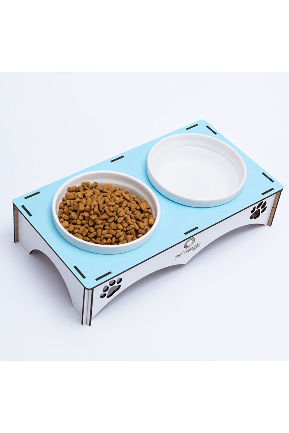 Petmagic Ahşap, Beyaz Seramik Kaseli Kedi, Mini Irk Köpek Mama Kabı, Açık Mavi