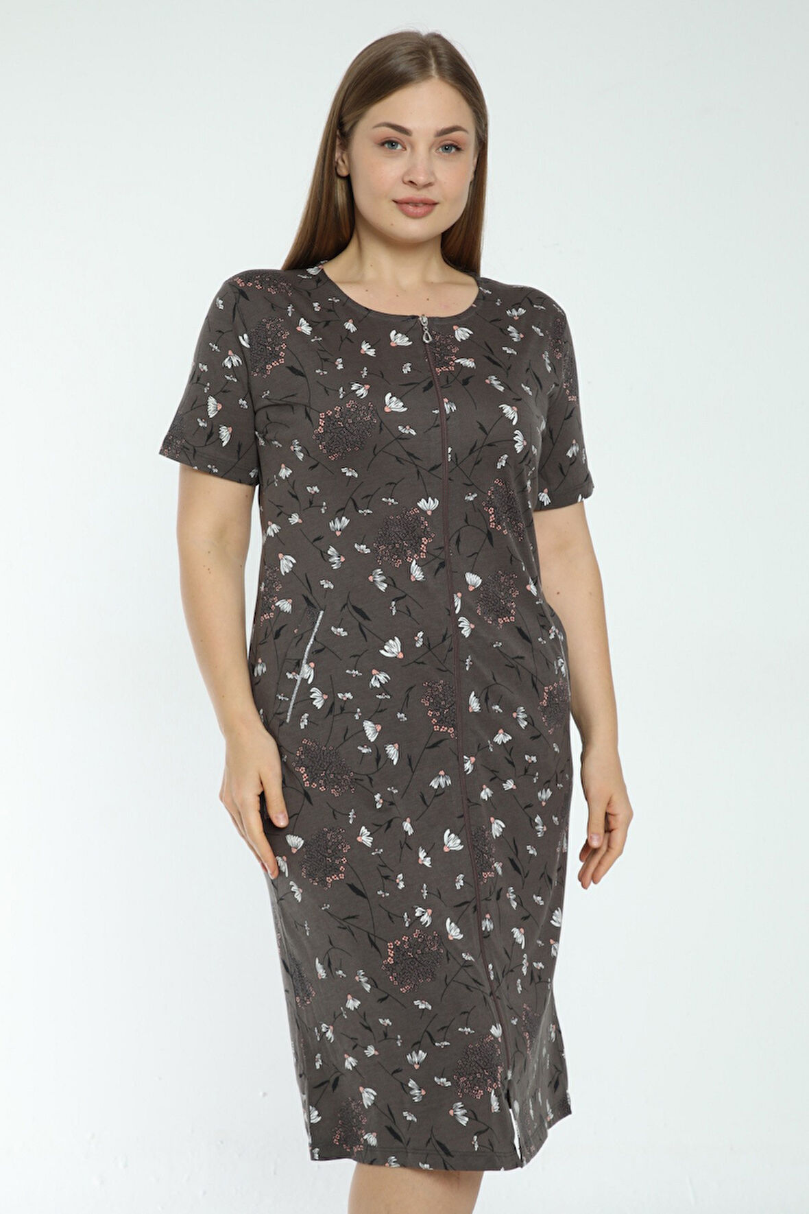 Kadın Çiçek Desenli Fermuarlı Cepli Büyük Beden Pamuklu Kısa Kollu Elbise