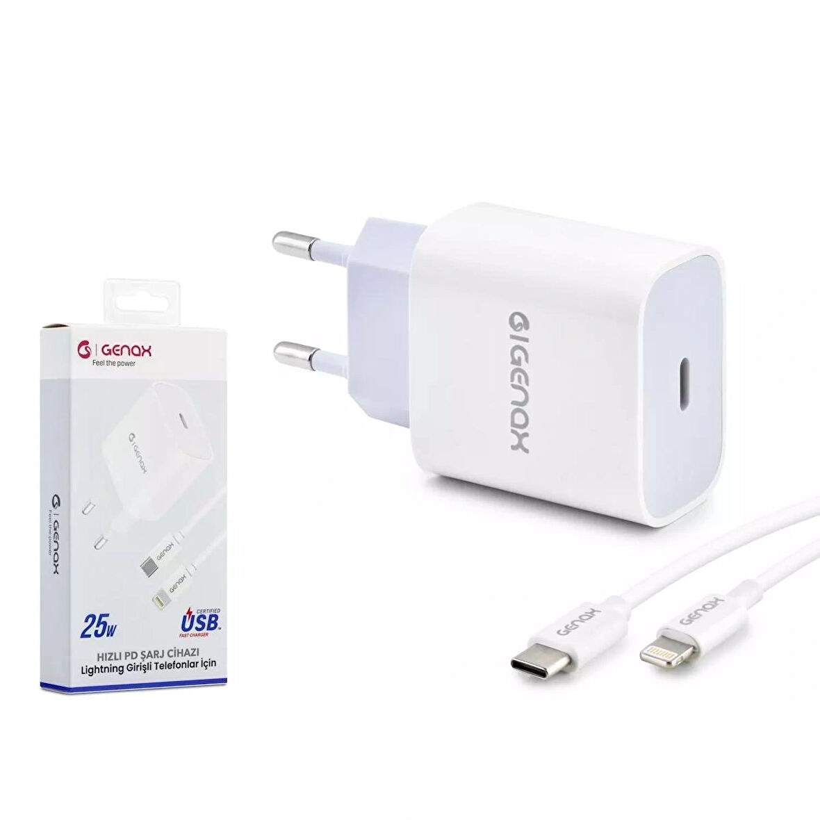 GENAX GNX012 LIGHTNING - TYPE-C ŞARJ ADAPTÖRÜ SET PD 25W BEYAZ
