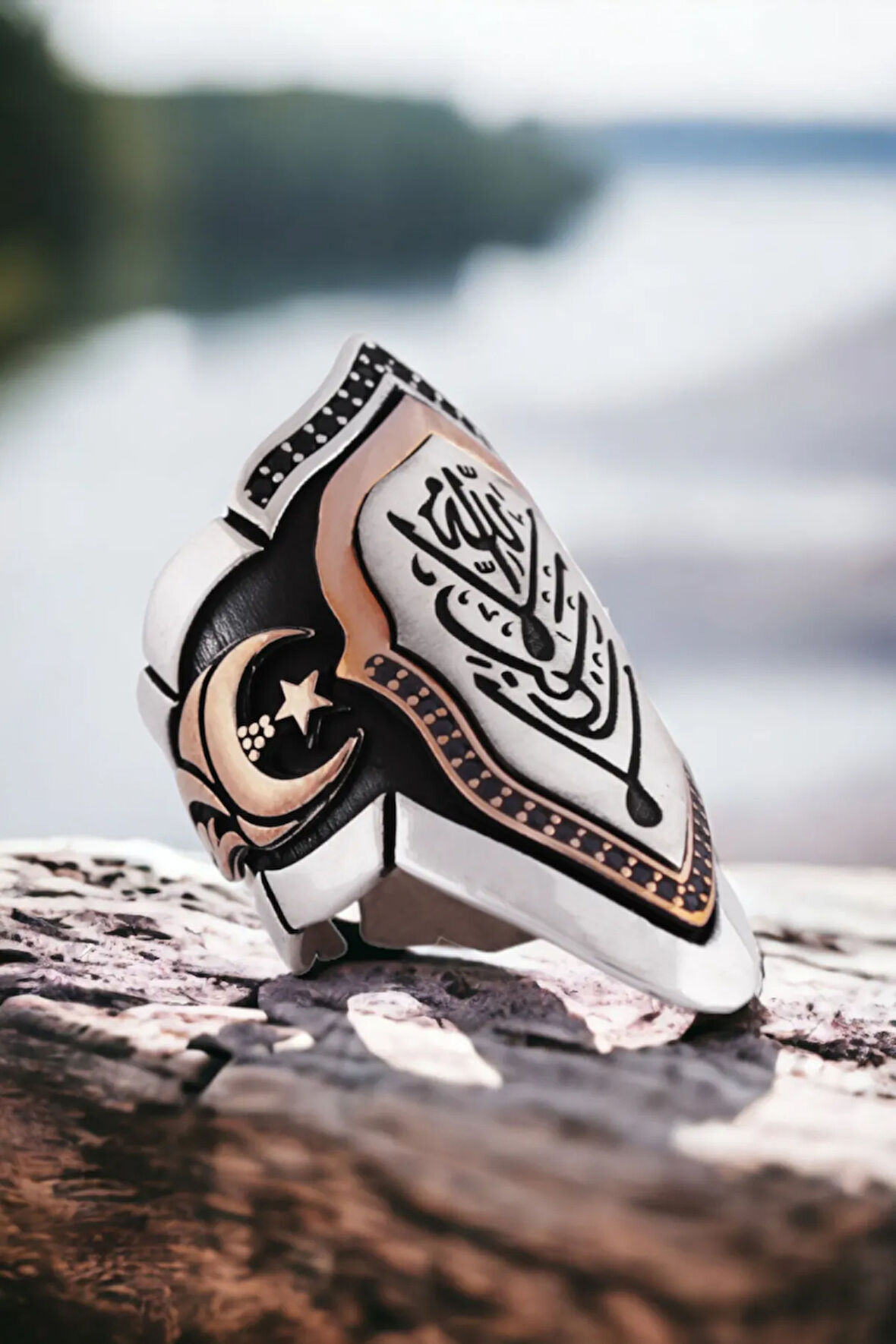 Erkek Gümüş Yüzük - 925 Ayar LA GALİBE İLLALLAH İşlemeli Gümüş Zihgir