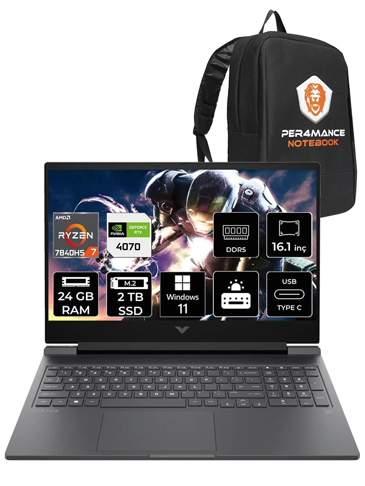 Hp Victus 16 Ryzen 7 7840HS 24GB 2TB SSD RTX4070/8GB 240HZ 16.1" QHD W11P 7Z4L9EA & PER4 ÇANTA
