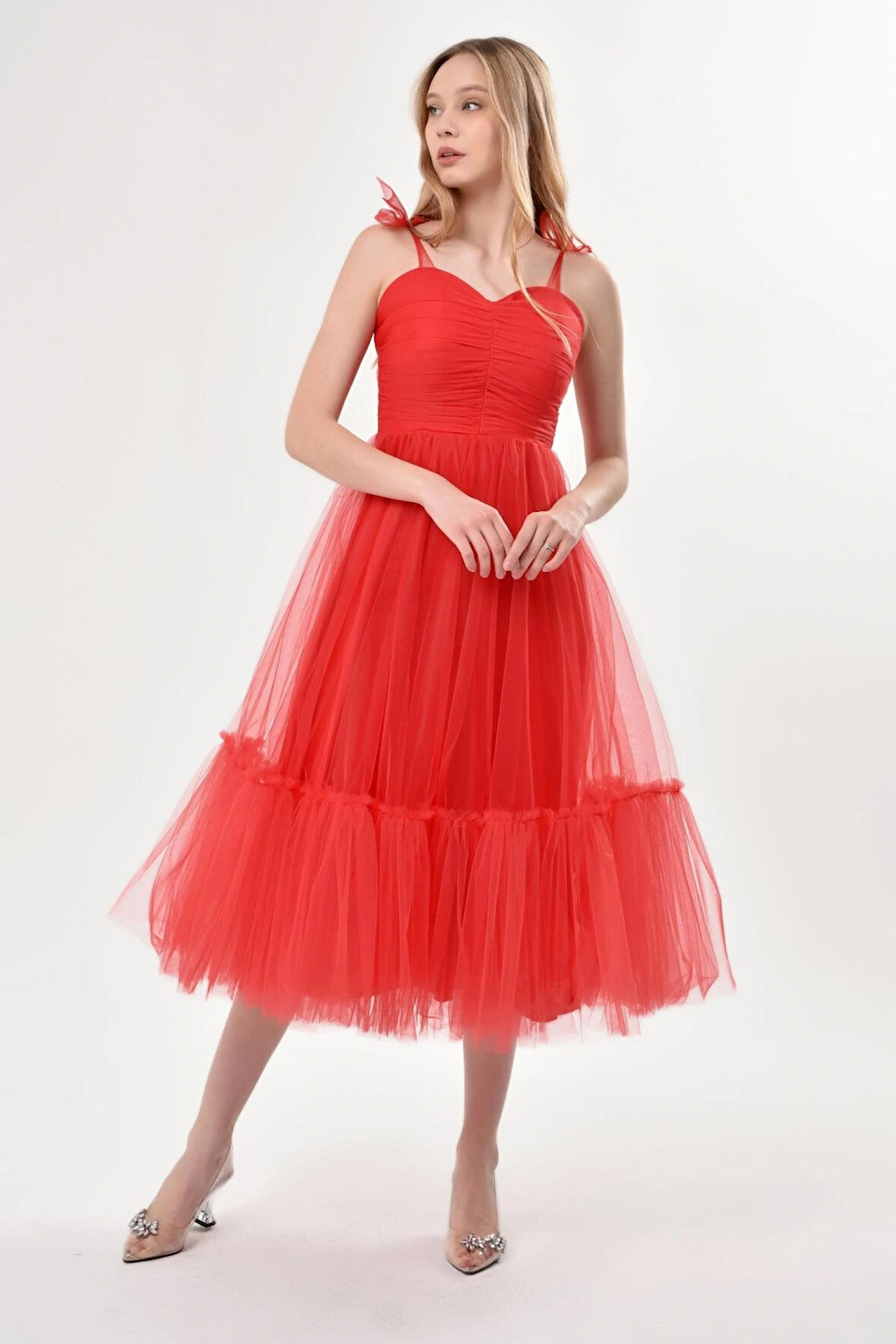 Omuzları Bağlamalı Renkli Tül Abiye Elbise