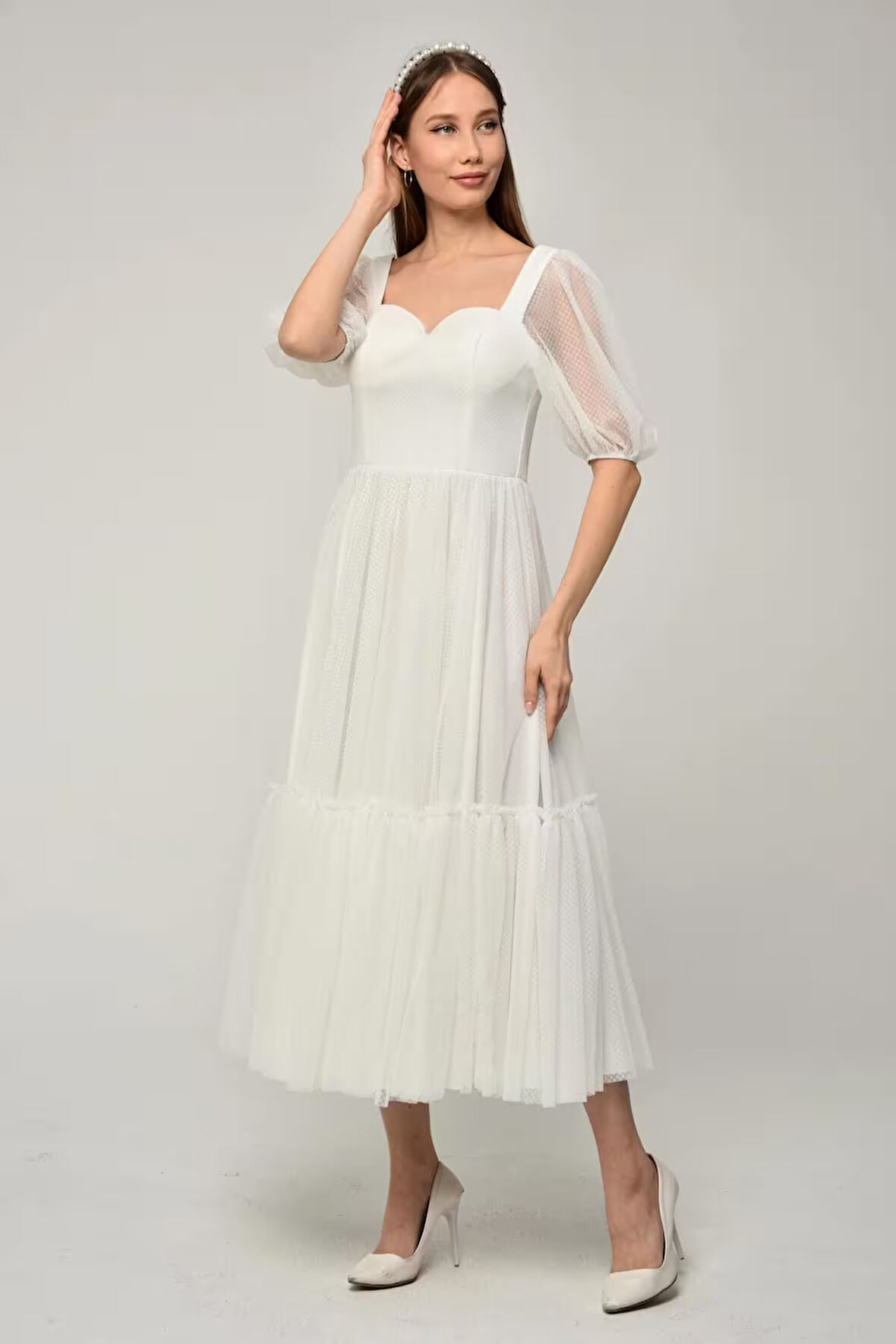 Kadın Abiye ve Mezuniyet Elbise Kalp Yaka Özel Üretim Noktalı Tül Abiye Elbise