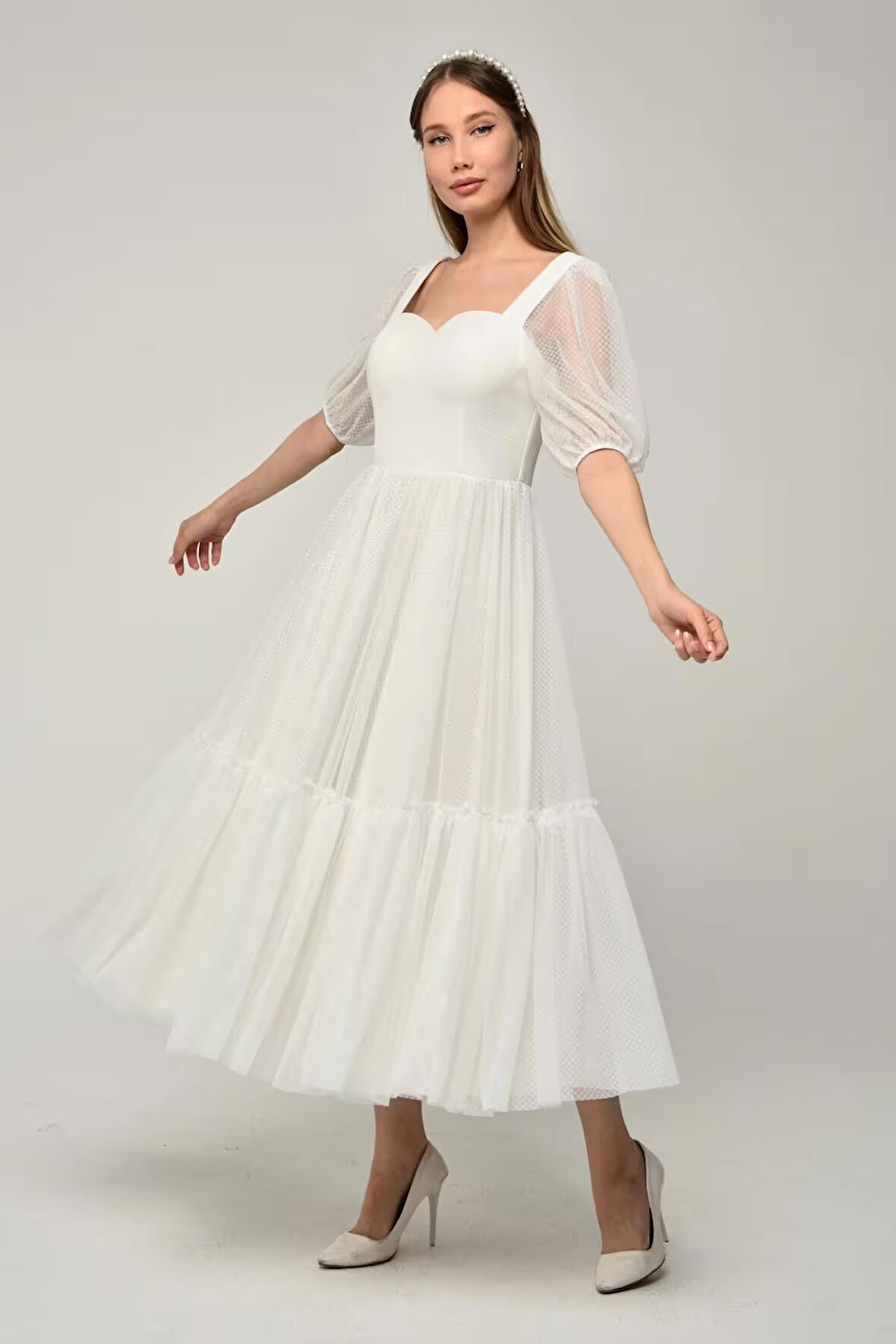 Kadın Abiye ve Mezuniyet Elbise Kalp Yaka Özel Üretim Noktalı Tül Abiye Elbise