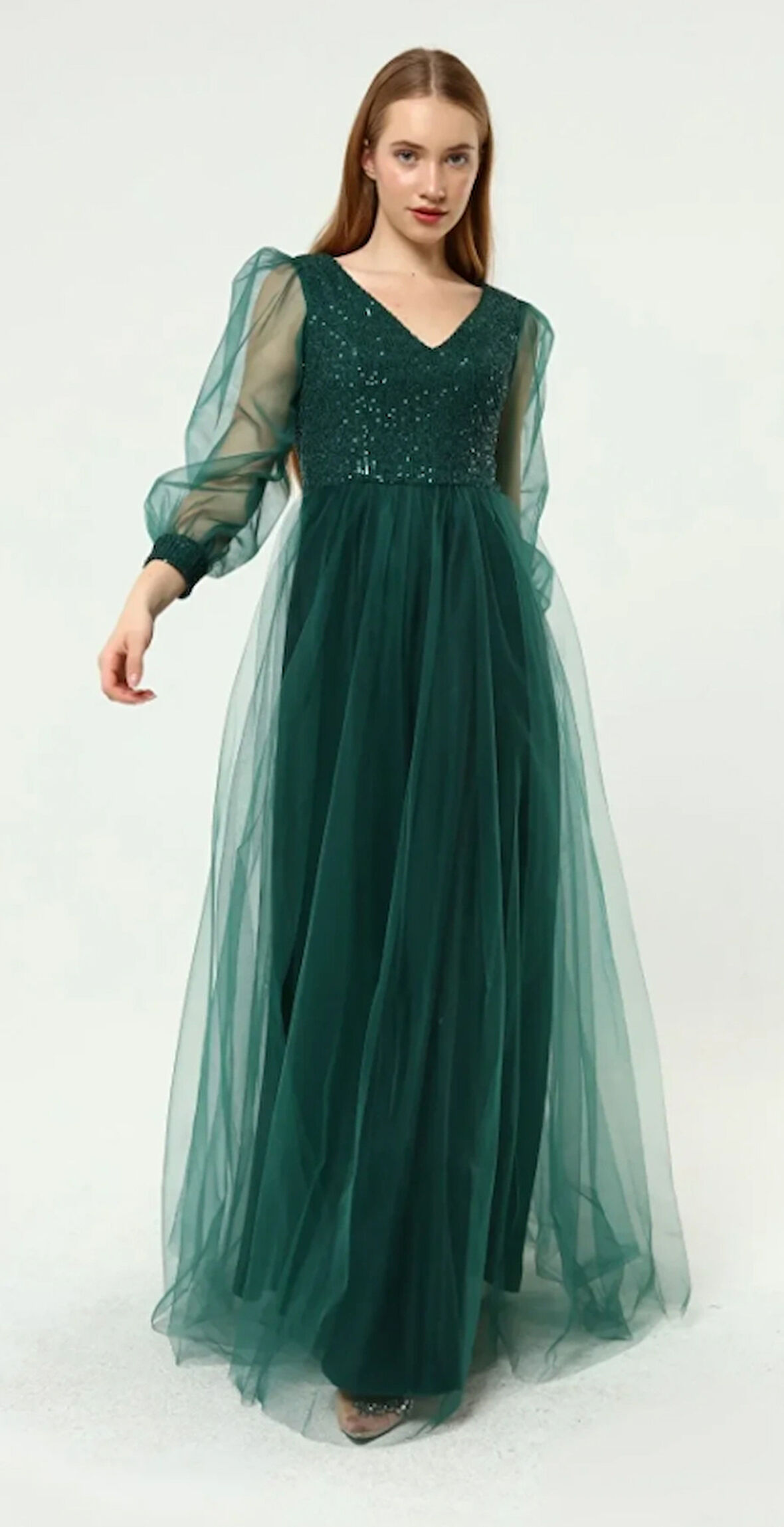 Kadın Abiye Ve Mezuniyet Elbiseleri Payet Detaylı V Yaka Tül Abiye Elbise