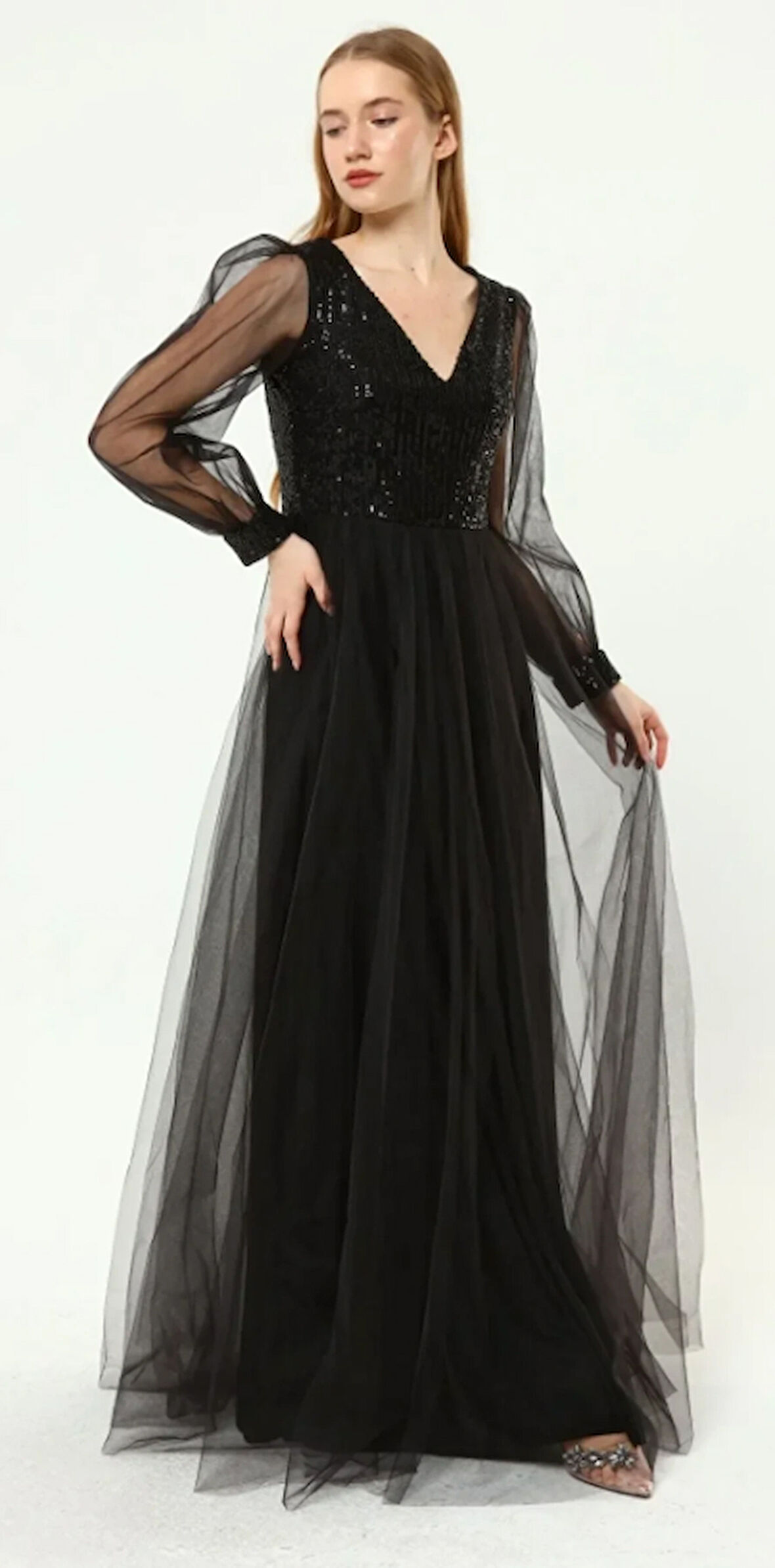 Kadın Abiye Ve Mezuniyet Elbiseleri Payet Detaylı V Yaka Tül Abiye Elbise