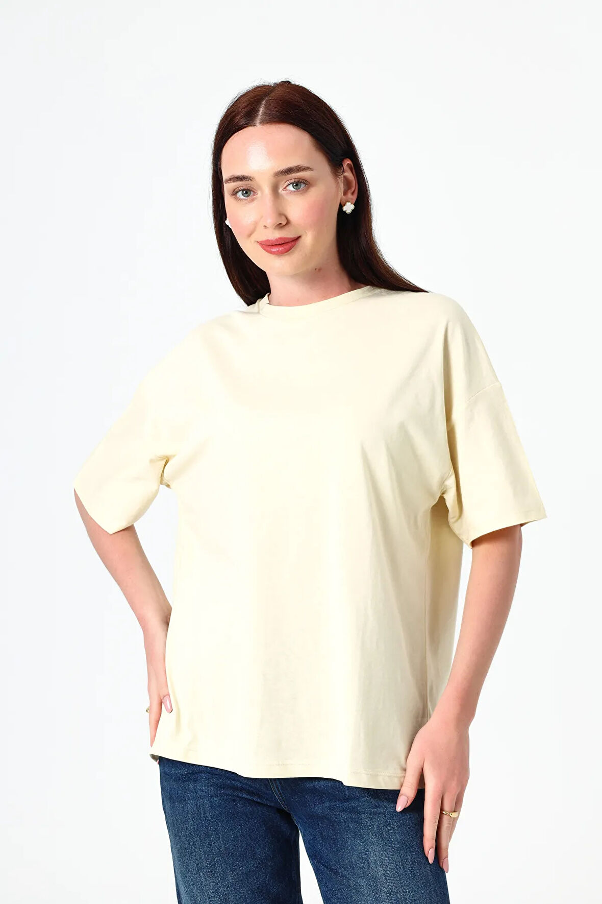 Kadın Basic T-Shirt Kısa Kollu Oversize Pamuklu T-Shirt