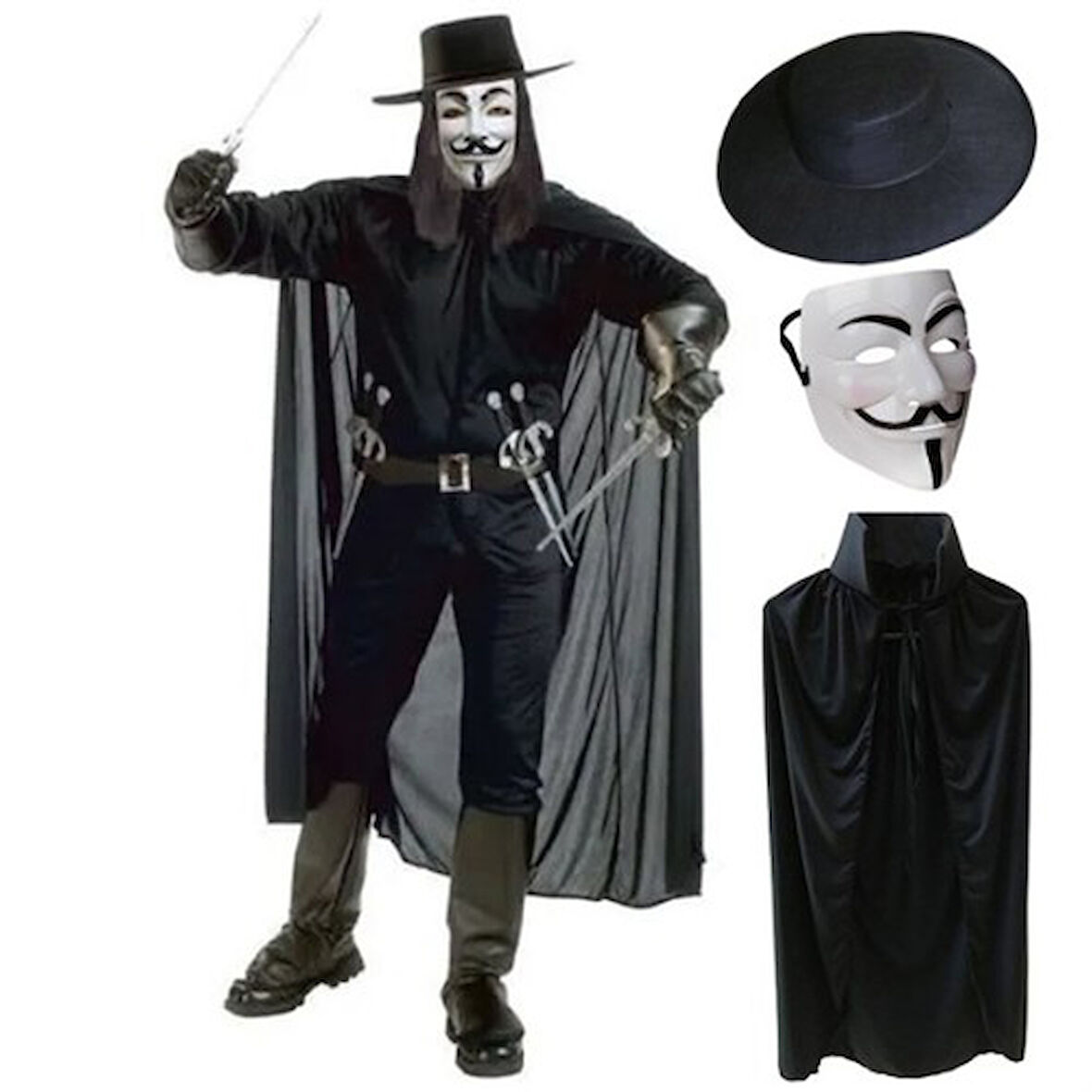 V For Vendetta Maskesi Şapka Pelerin Seti