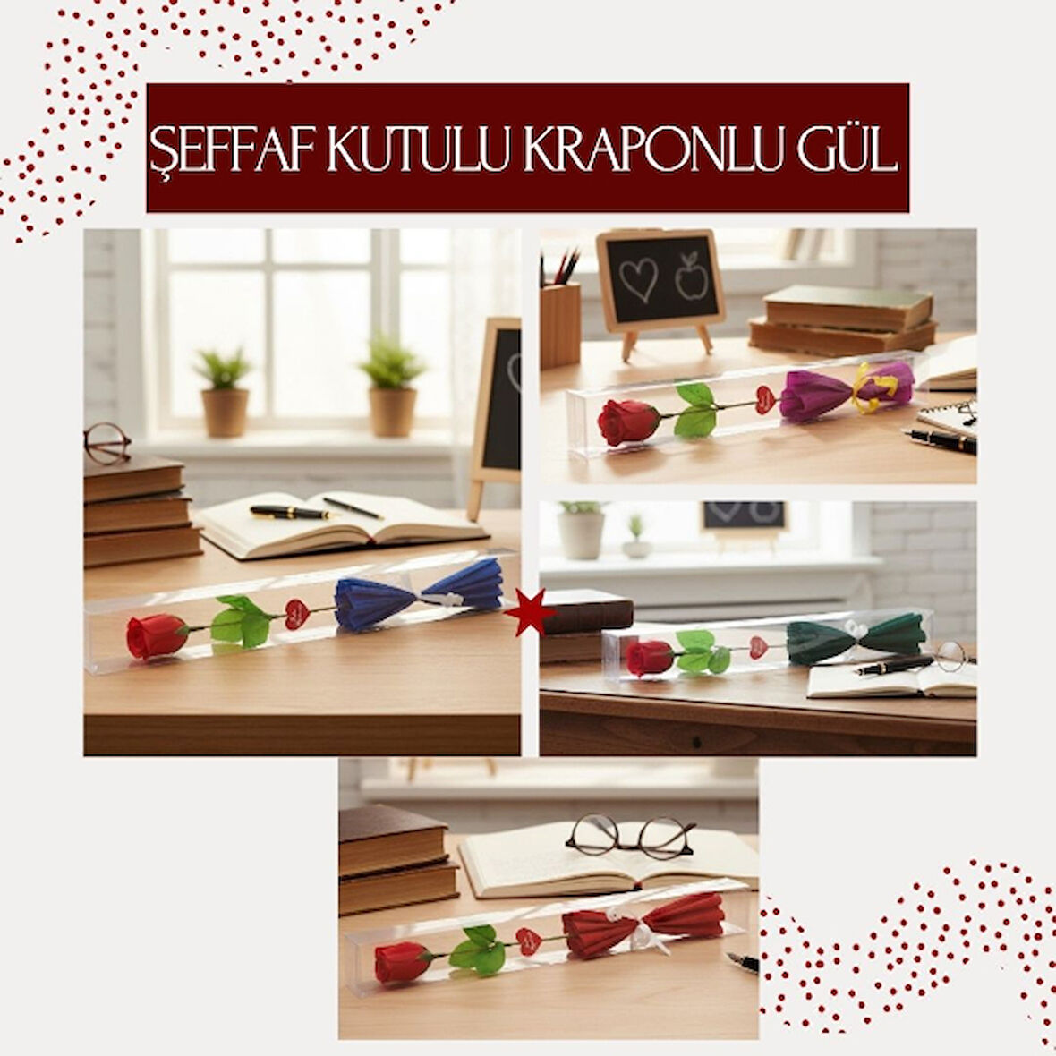 Şeffaf Kutulu Kraponlu Gül - Öğretmenler Günü Hediyesi