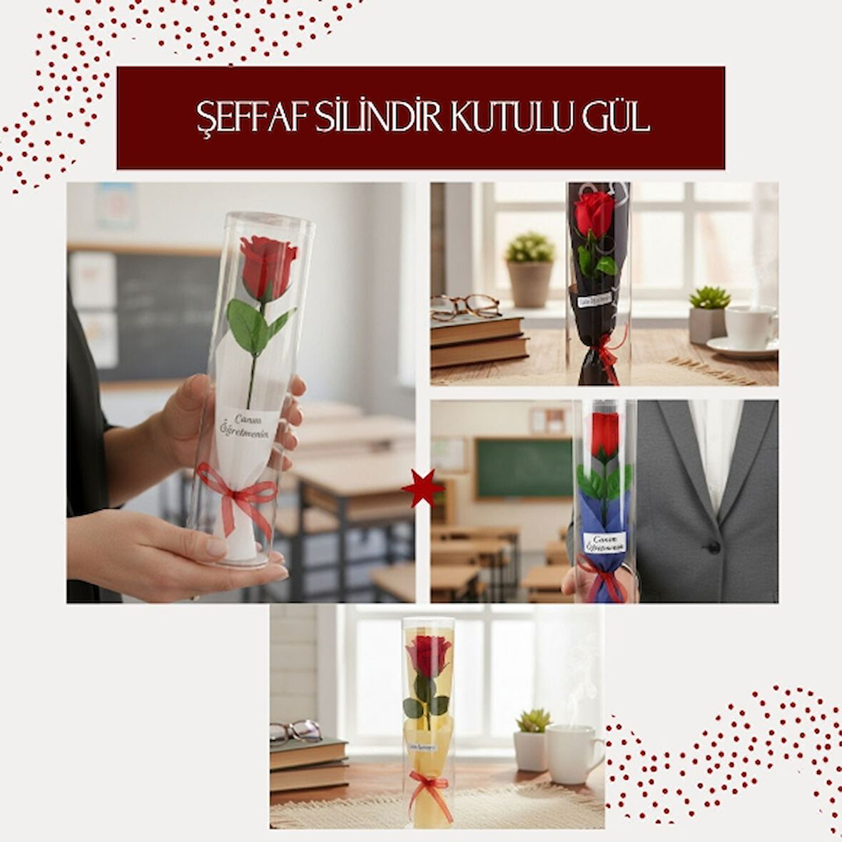 Şeffaf Silindir Kutulu Gül - Öğretmenler Günü Hediyesi