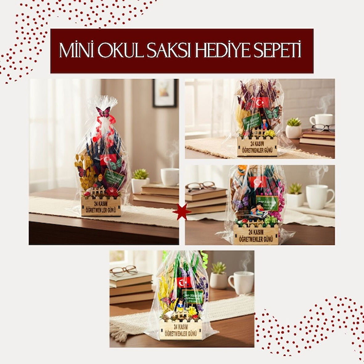 Mini Okul Saksı Hediye Sepeti - Öğretmenler Günü Hediyesi