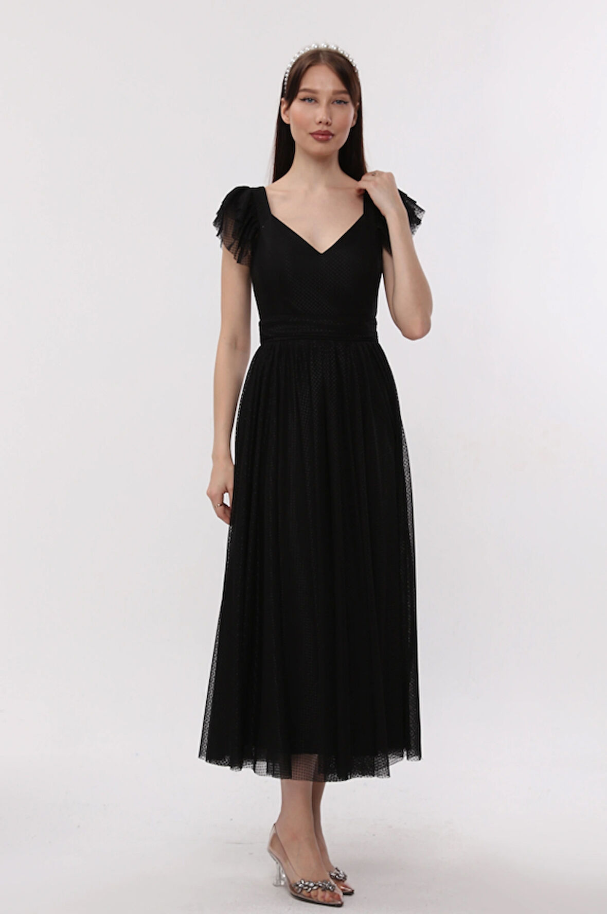  Fırfır Detaylı Korsajlı Tül Elbise