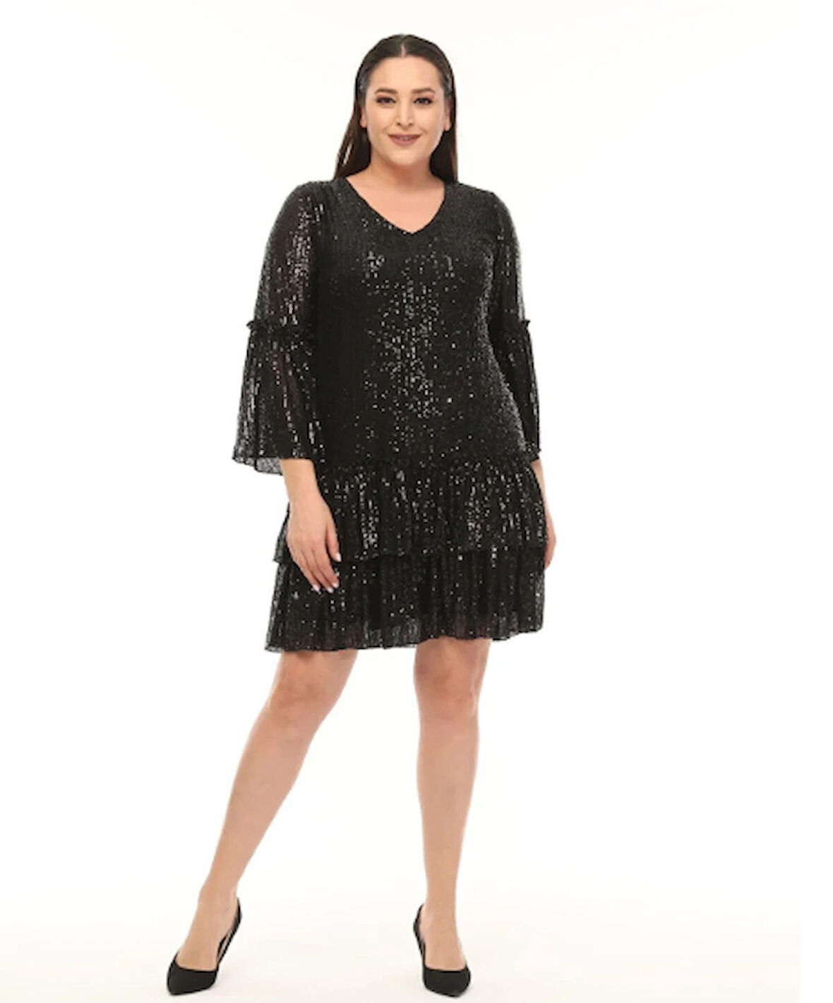 Abiye Elbise Büyük Beden Fırfır Detaylı Payet Abiye Elbise Siyah