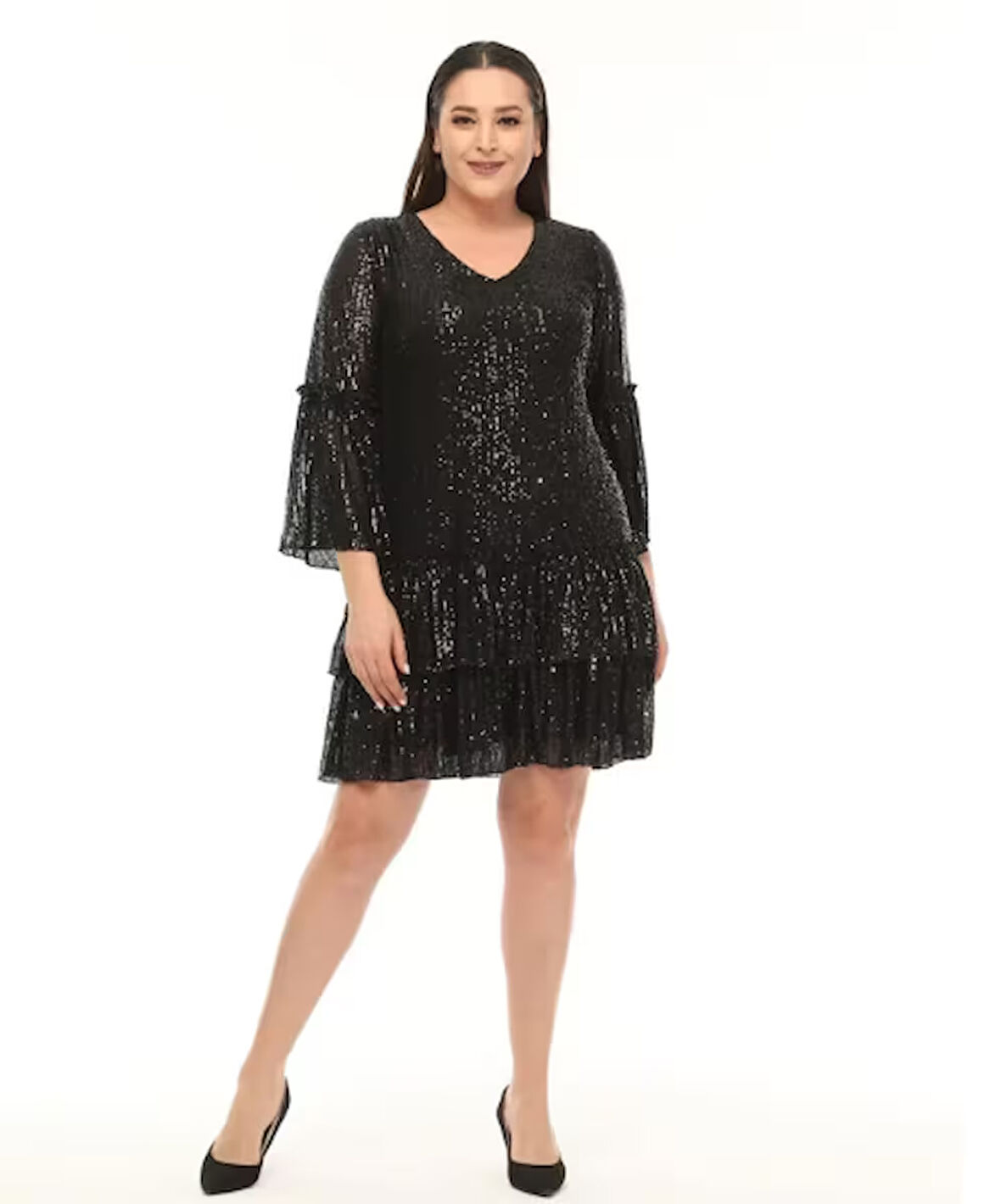 Abiye Elbise Büyük Beden Fırfır Detaylı Payet Abiye Elbise Siyah