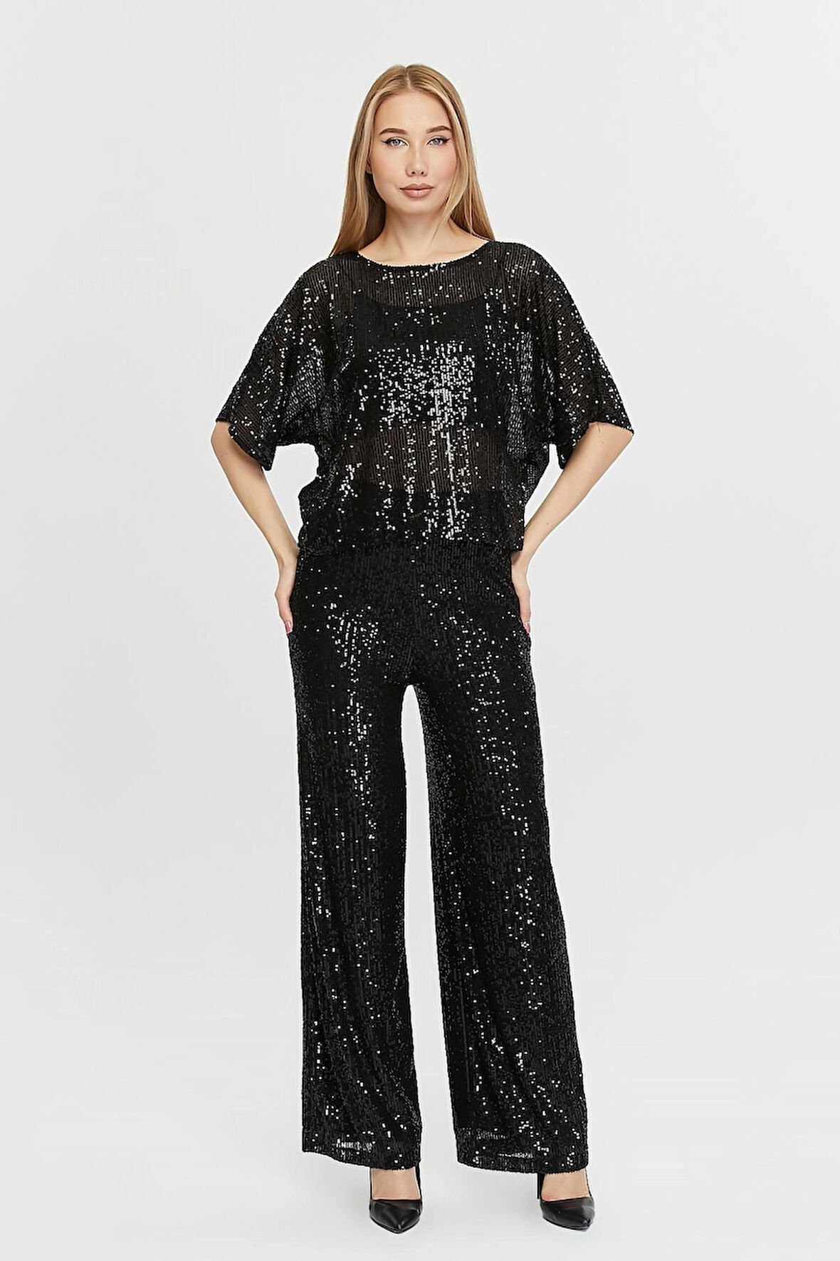 Kadın Abiye ve Mezuniyet Pul Payetli Şık ve Zarif Pantolon ve Bluz Abiye Takım