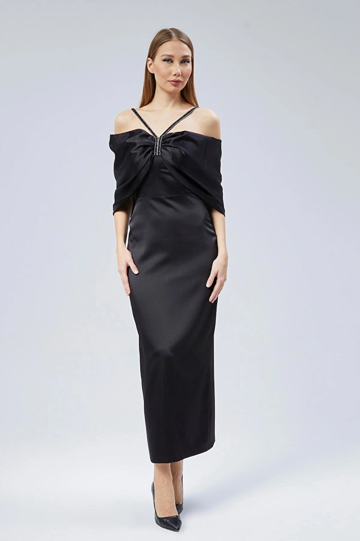 Kadın Abiye Ve Mezuniyet Elbise Taş Detaylı Saten Kelebek Abiye Elbise