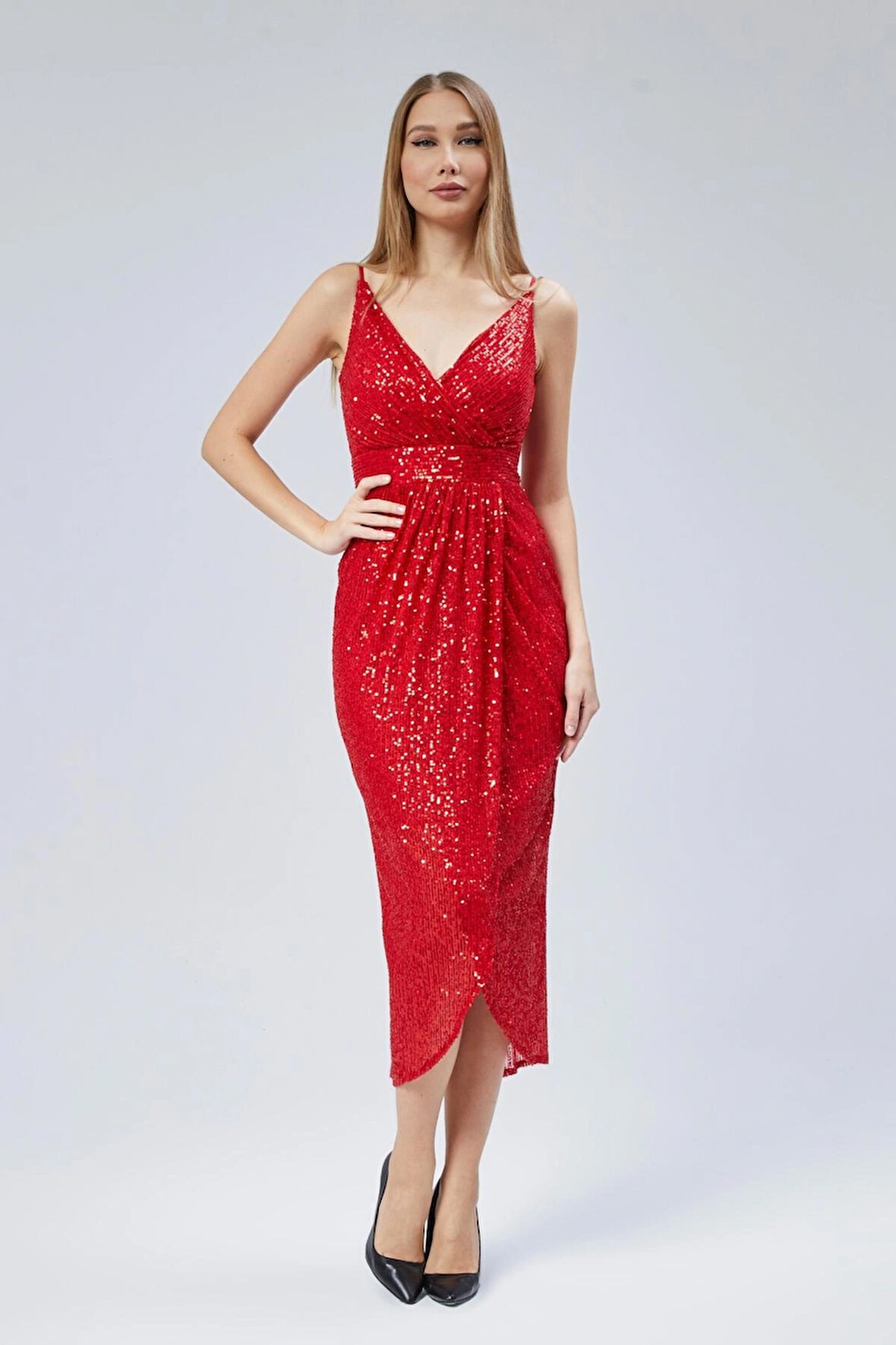  Kadın Abiye Ve Mezuniyet Elbise Kruvaze Yaka Ip Askılı Payet Abiye Elbise