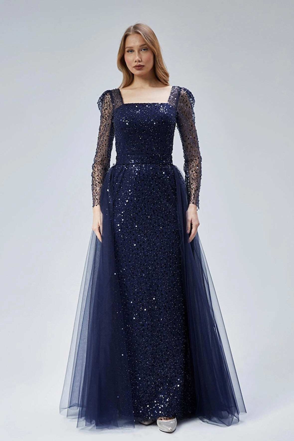  Kadın Abiye Ve Mezuniyet Elbise Kare Yaka Tül Detaylı Abiye Elbise