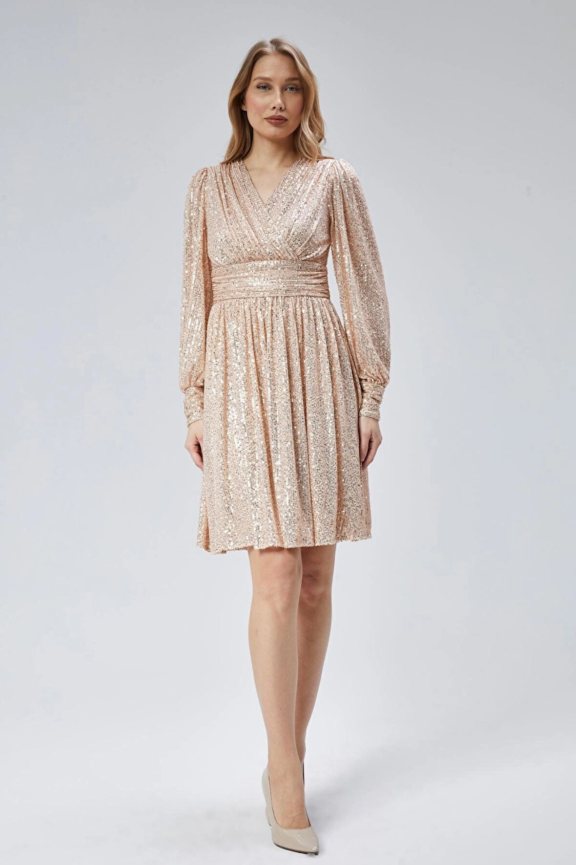 Kadın Abiye ve Mezuniyet Kruvaze Yaka Korsajlı Payetli Kumaş Abiye Elbise