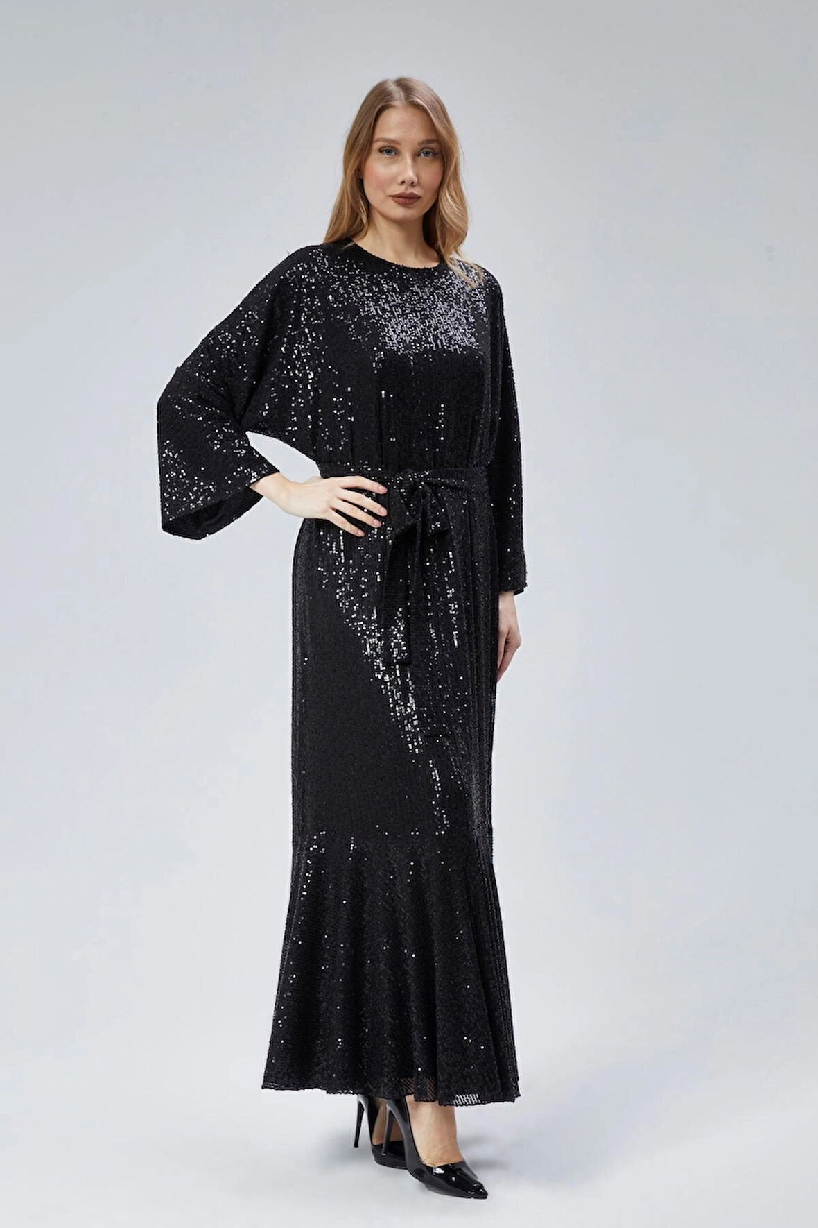  Kadın Abiye Ve Mezuniyet Yarasa Kollu Volanlı Tesettür Abiye Elbise