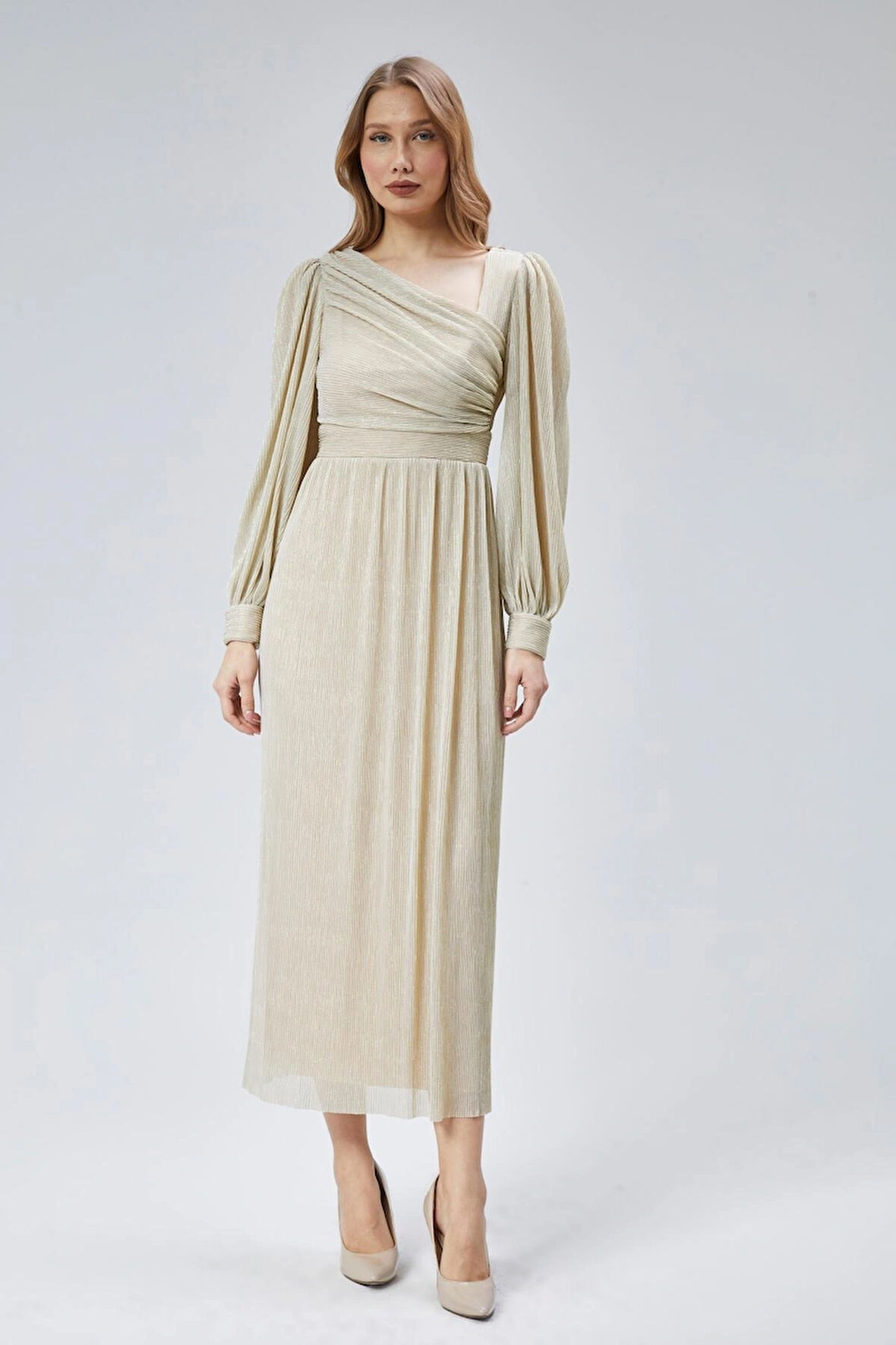 Kadın Abiye Ve Mezuniyet Asimetrik Yakalı Piliseli Abiye Elbise