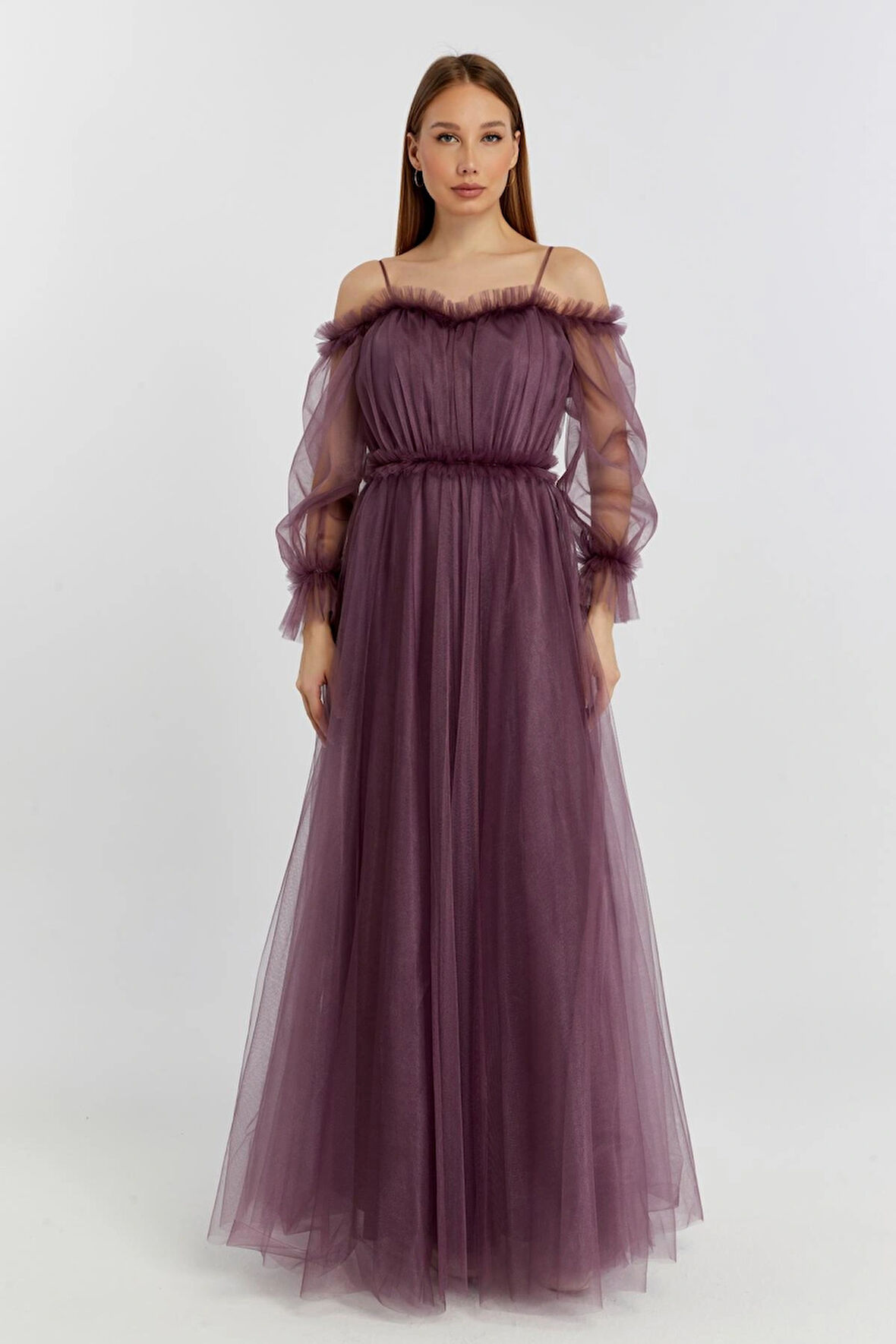 Abiye ve Mezuniyet Elbise Fırfır Detaylı Balon Kol Prenses Tül Abiye Elbise