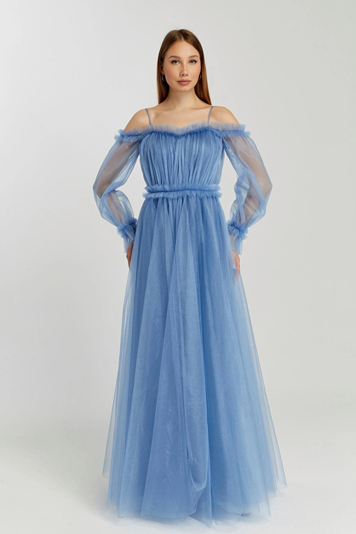 Abiye ve Mezuniyet Elbise Fırfır Detaylı Balon Kol Prenses Tül Abiye Elbise