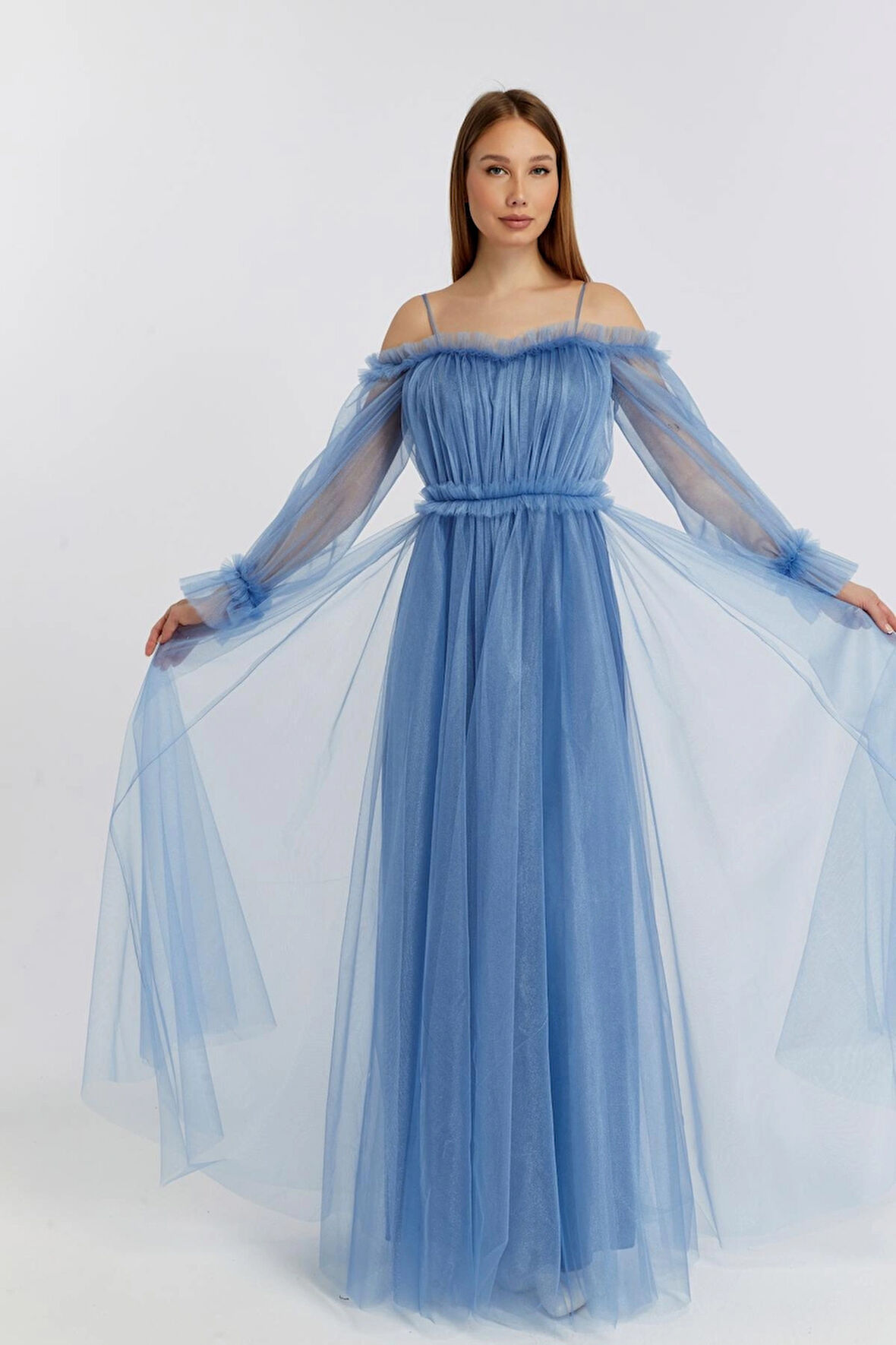 Abiye ve Mezuniyet Elbise Fırfır Detaylı Balon Kol Prenses Tül Abiye Elbise