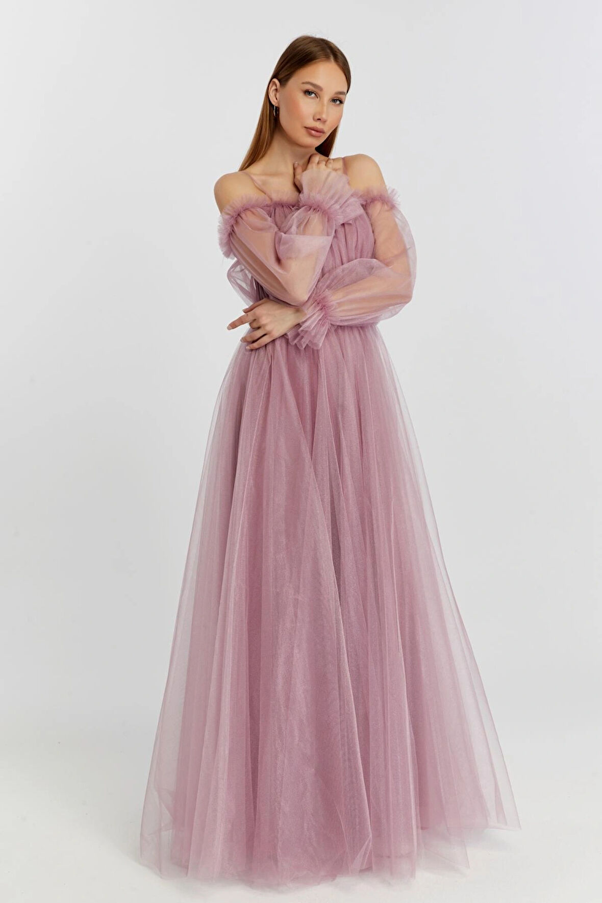 Abiye ve Mezuniyet Elbise Fırfır Detaylı Balon Kol Prenses Tül Abiye Elbise