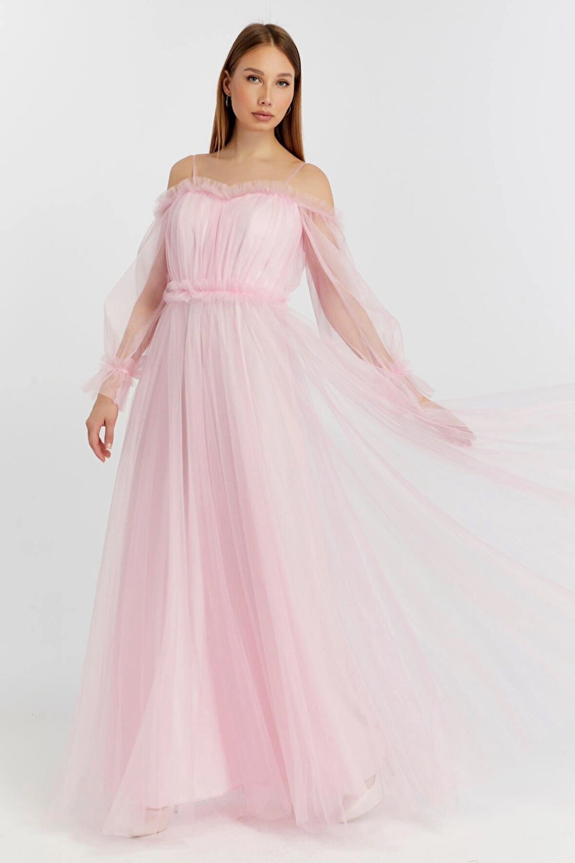 Abiye ve Mezuniyet Elbise Fırfır Detaylı Balon Kol Prenses Tül Abiye Elbise