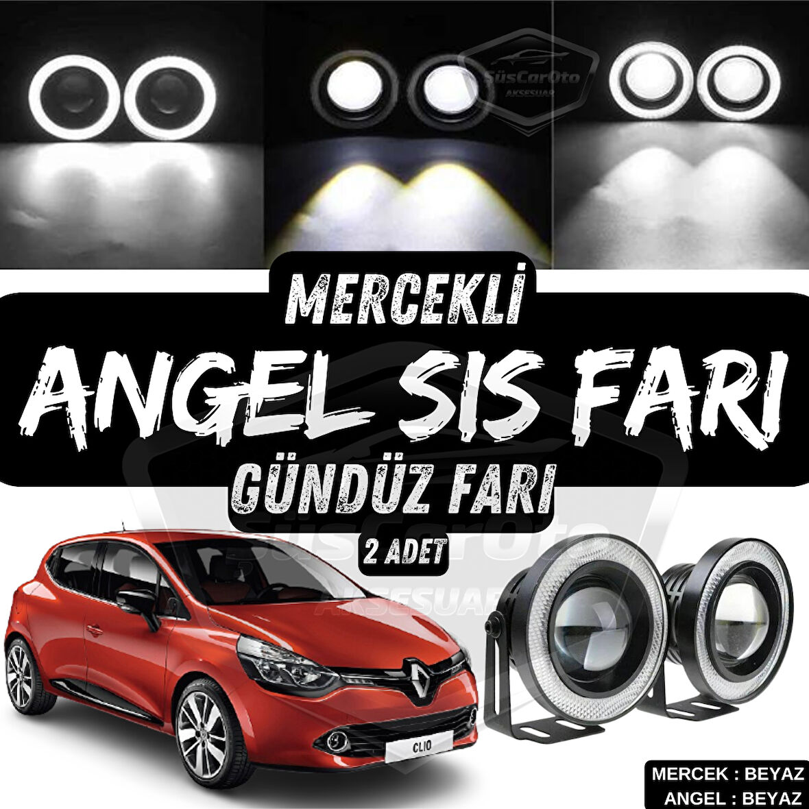 Renault Clio 4 2012-2020 Uyumlu Üniversal Mercekli Angel Sis Farı Metal Su Geçirmez 76 mm Beyaz Halkalı Gündüz Farı Angel Eyes 2 Adet
