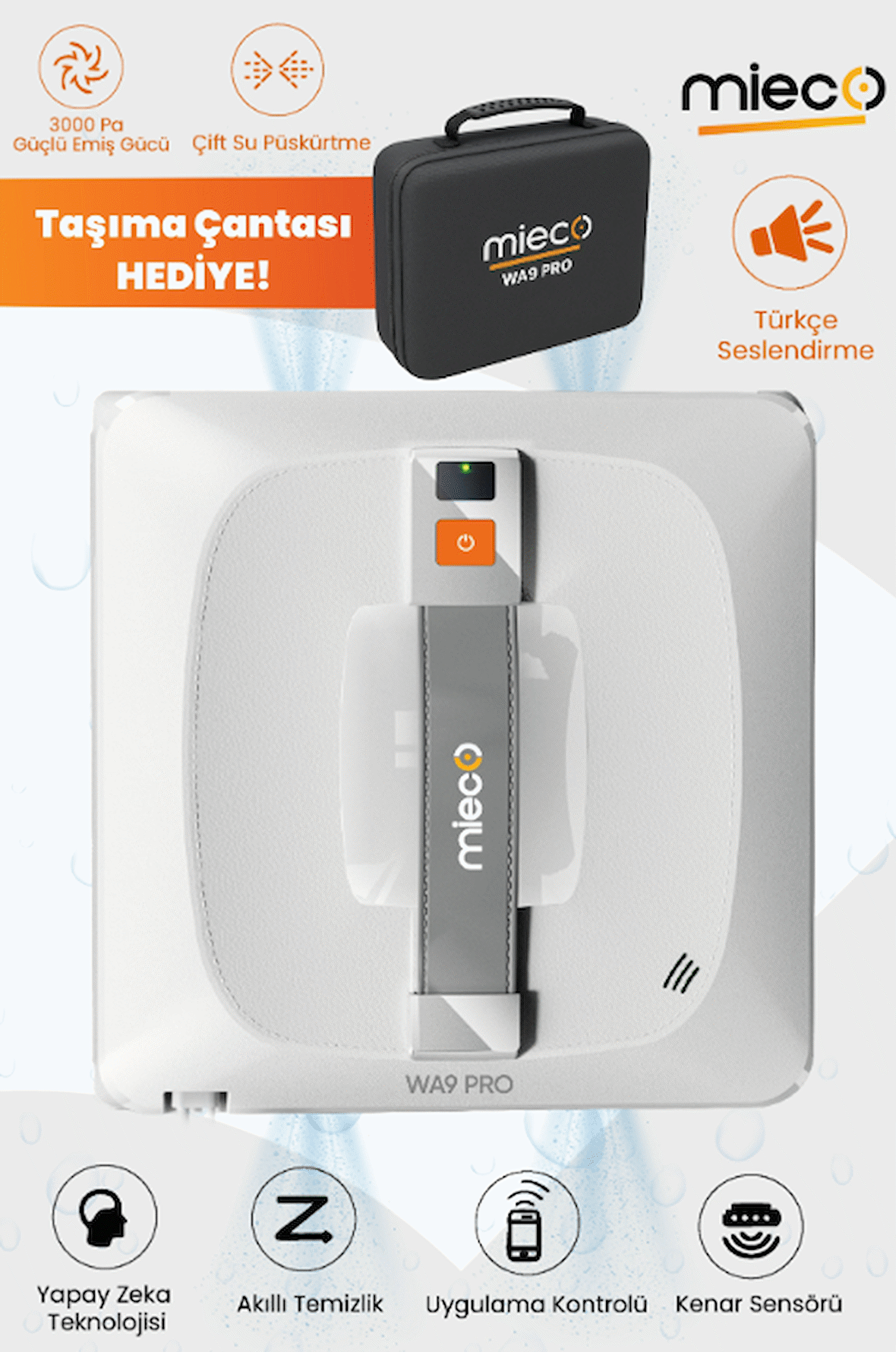 Mieco WA9 Pro Çift Yönlü Su Püskürtmeli Cam Temizleme Robotu (Kumandalı)