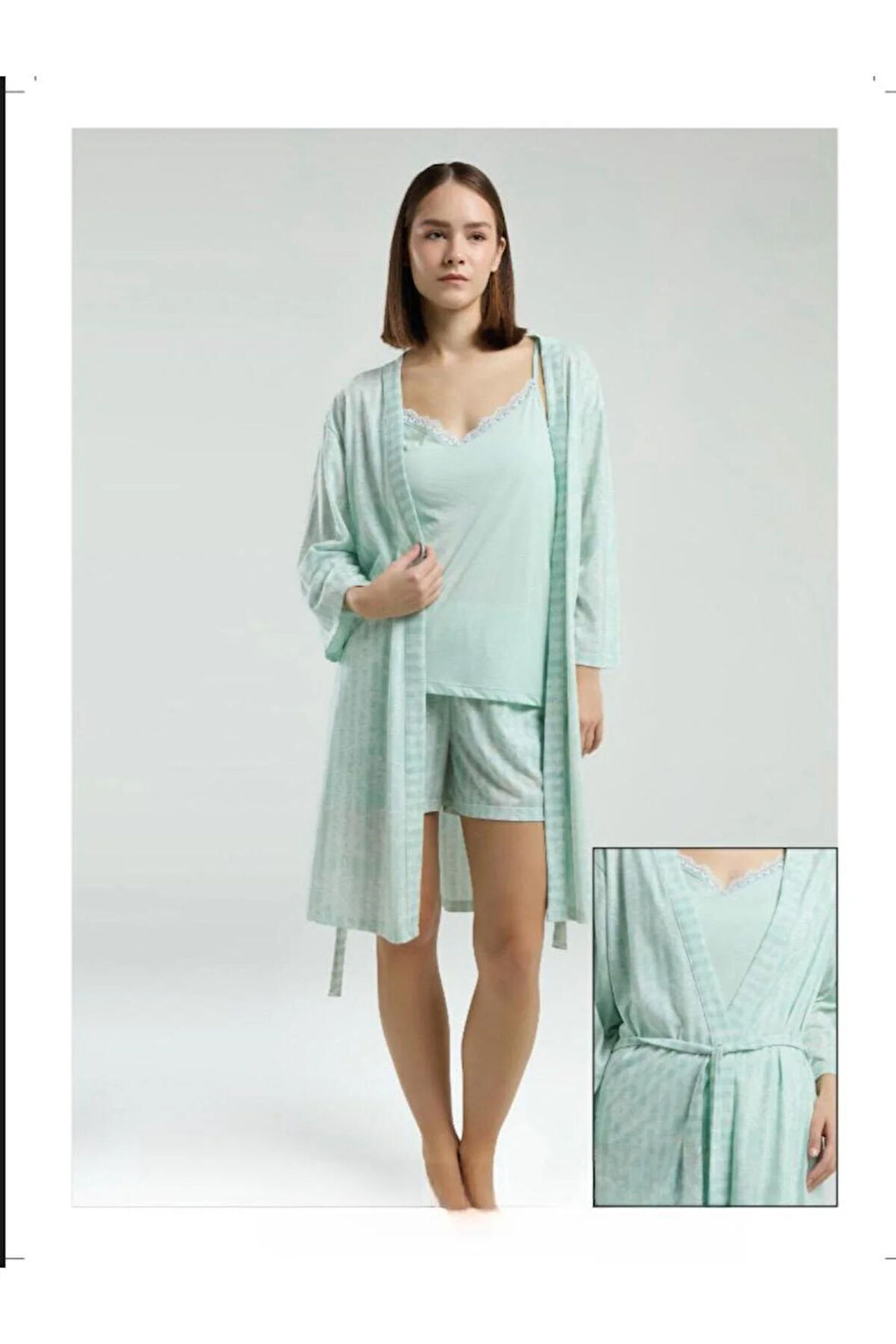 Kadın Mint Sabahlık Şortlu 3'lü Pijama Takımı P.İ.E..R8.O.Z..6..E.L.T.6.