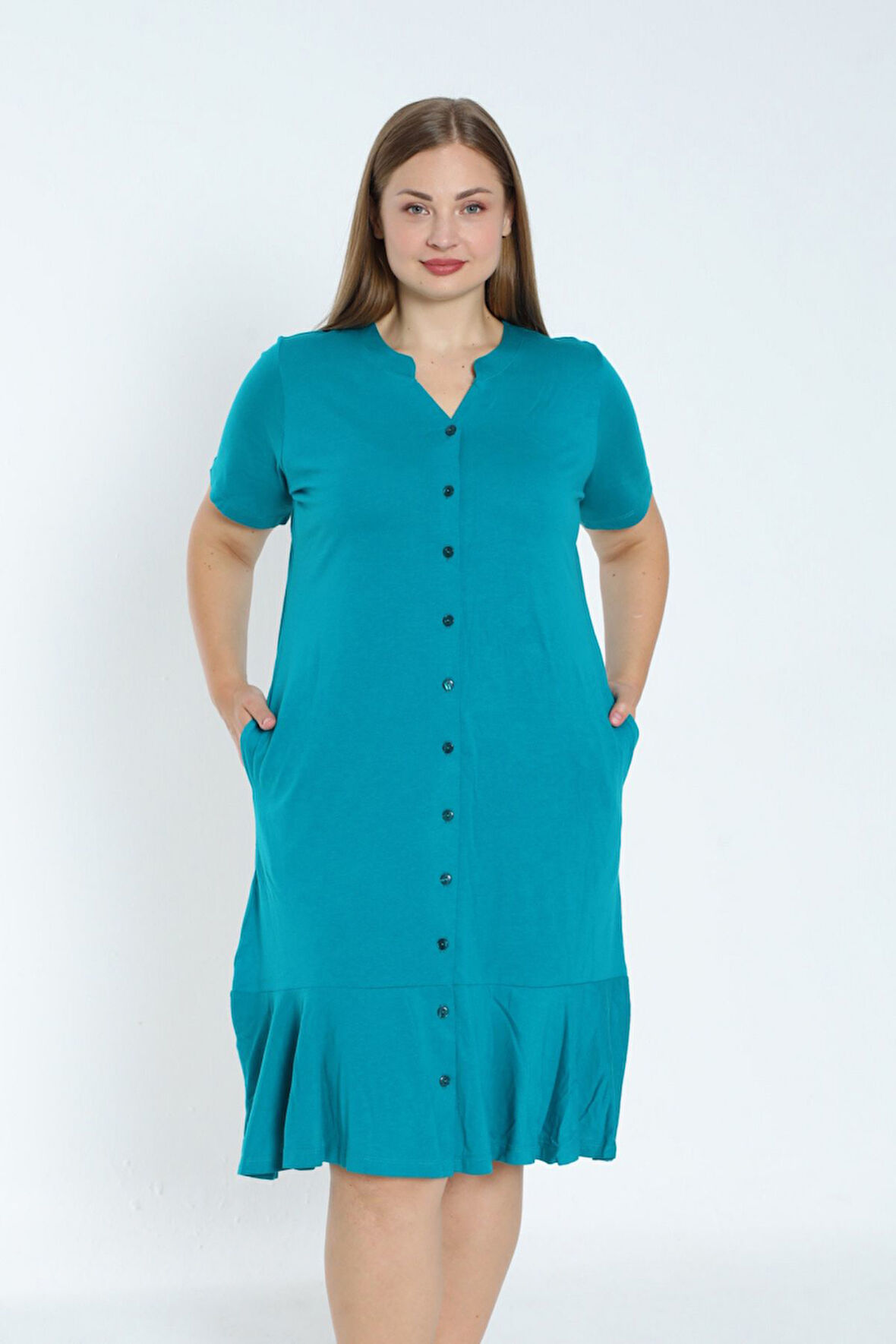 Kadın Büyük Beden Boydan Düğmeli Kısa Kollu Fırfırlı Pamuklu Elbise