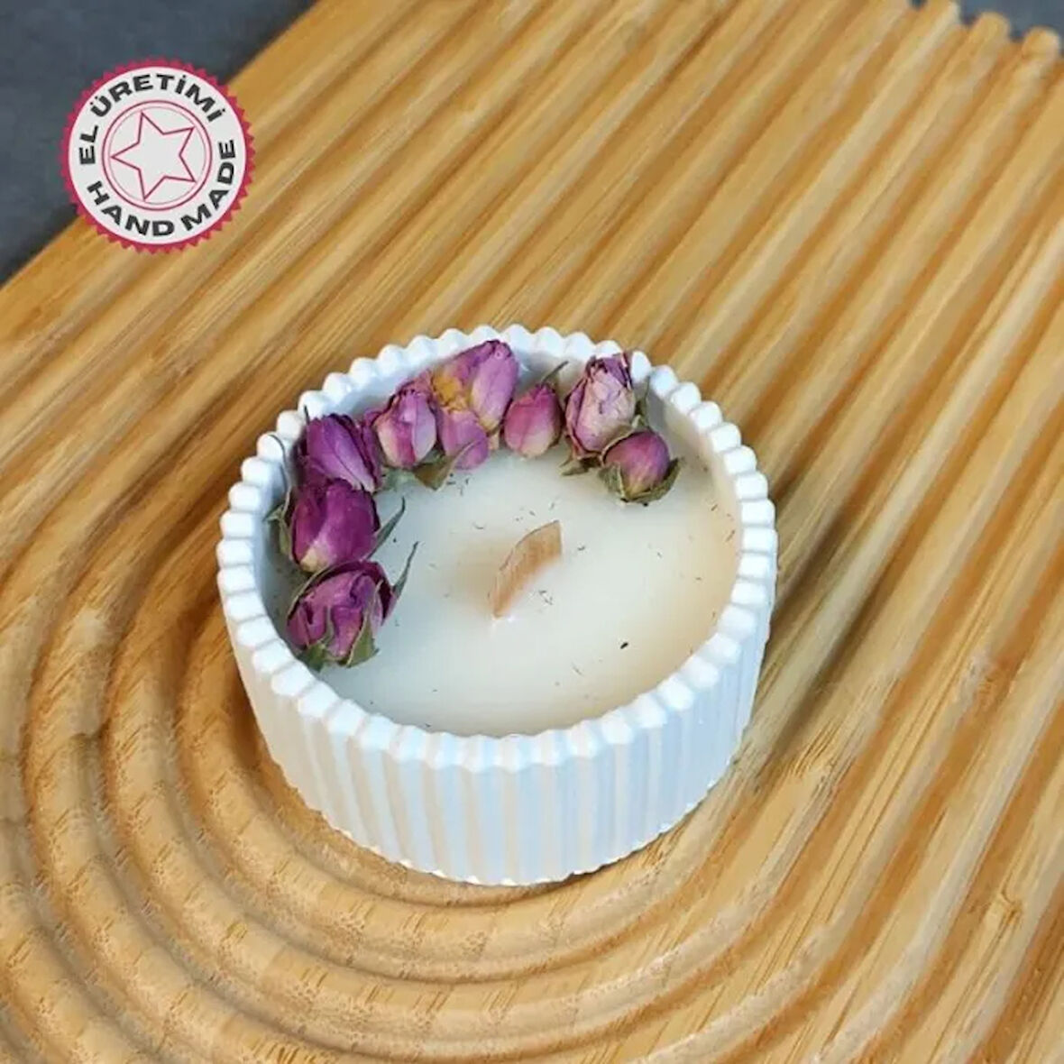 Uretti - Makbule 3845 4020 El Yapımı Kurutulmuş Pembe Gül Detaylı Dekoratif Mum - Pembe