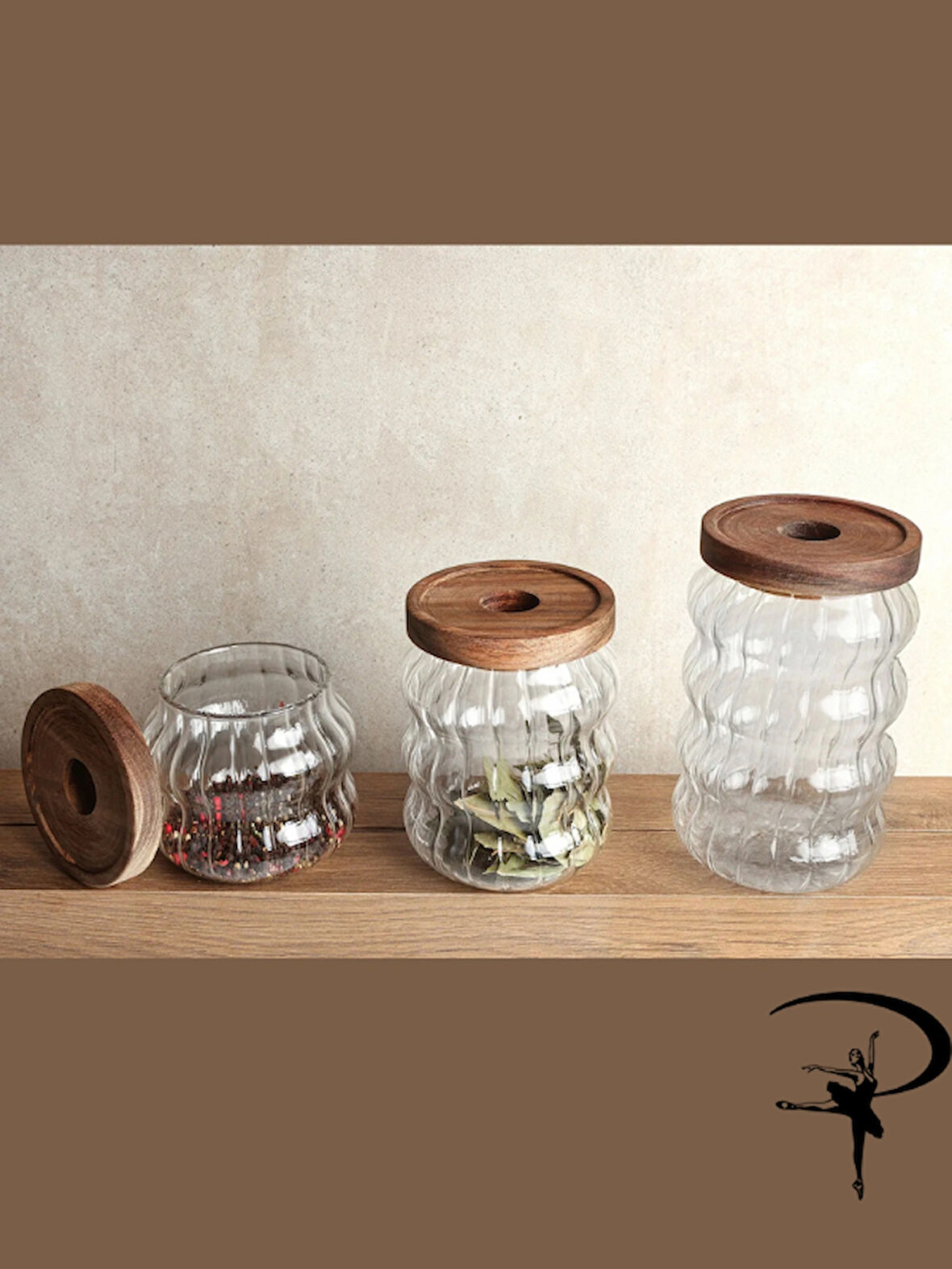 Charla 3'lü Akasya Kapaklı Dalgalı Cam Kavanoz Seti 340 ml / 530 ml / 680 ml