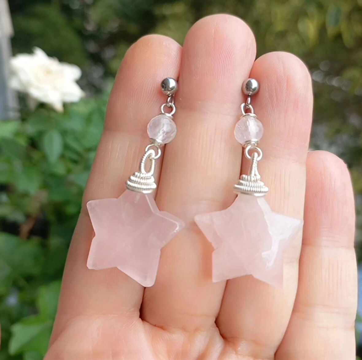 2428 Yıldız pembe Kuvars el yapımı çelik aparatlı küpe