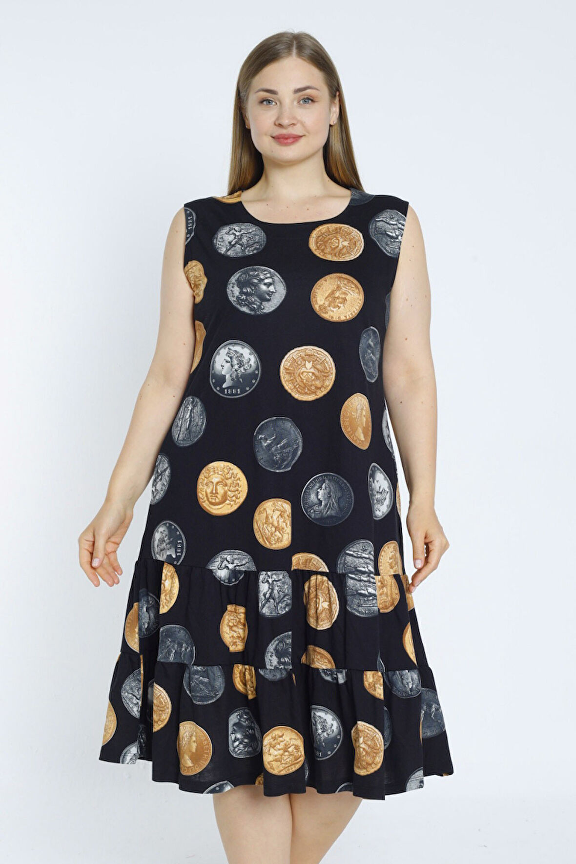 Siyah Para Desenli Askılı Cepli Pamuklu Elbise