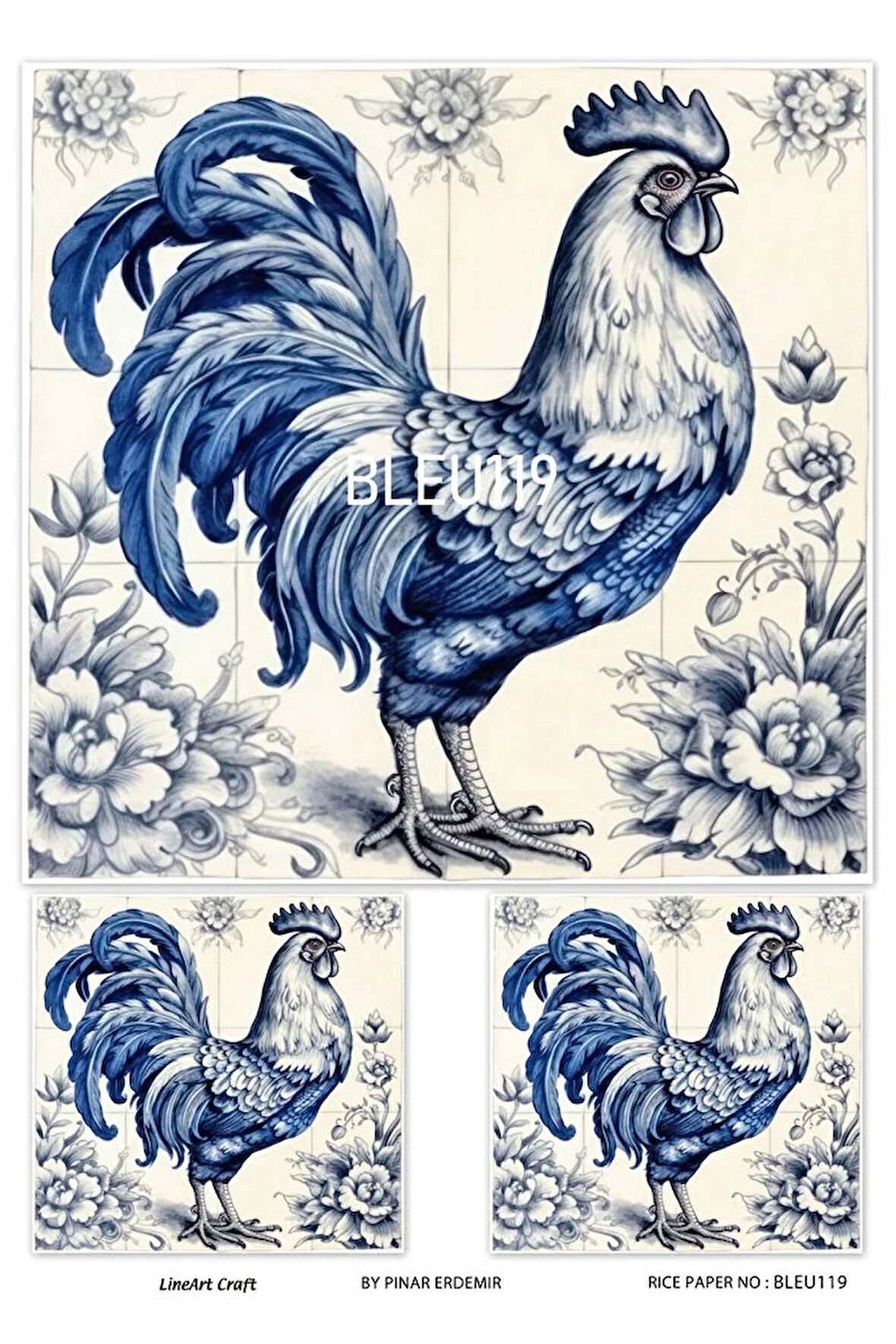 Bleu Serisi BLEU119 Mavi Beyaz, Horoz, Porselen Desenli 30*42 cm Pirinç Dekopaj