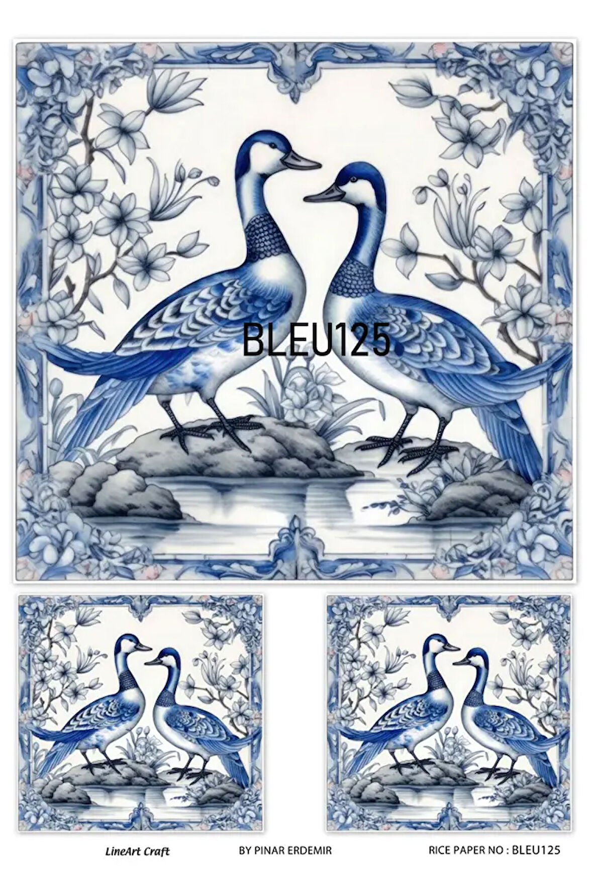 Bleu Serisi BLEU125 Mavi Beyaz, Kaz, Porselen Desenli 30*42 cm Pirinç Dekopaj