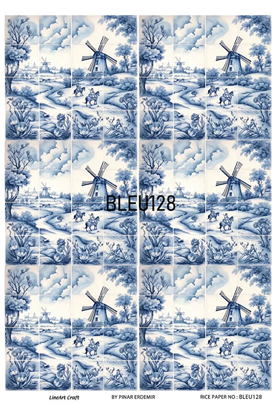 Bleu Serisi BLEU128 Mavi Beyaz, Çoklu, Yeldeğirmenleri, Porselen Desenli 30*42 cm Pirinç Dekopaj