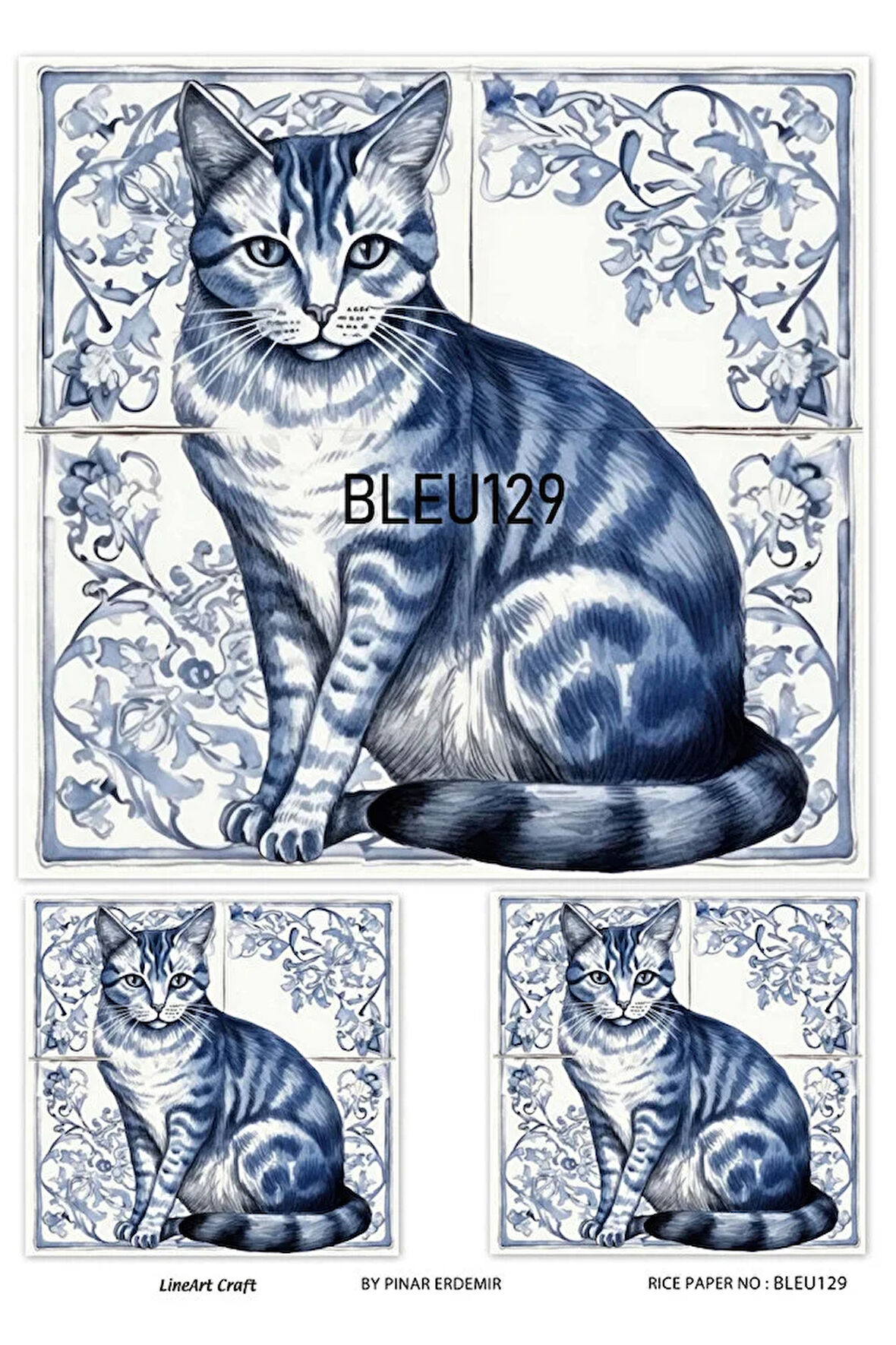 Bleu Serisi BLEU129 Mavi Beyaz, Kedi, Porselen Desenli 30*42 cm Pirinç Dekopaj