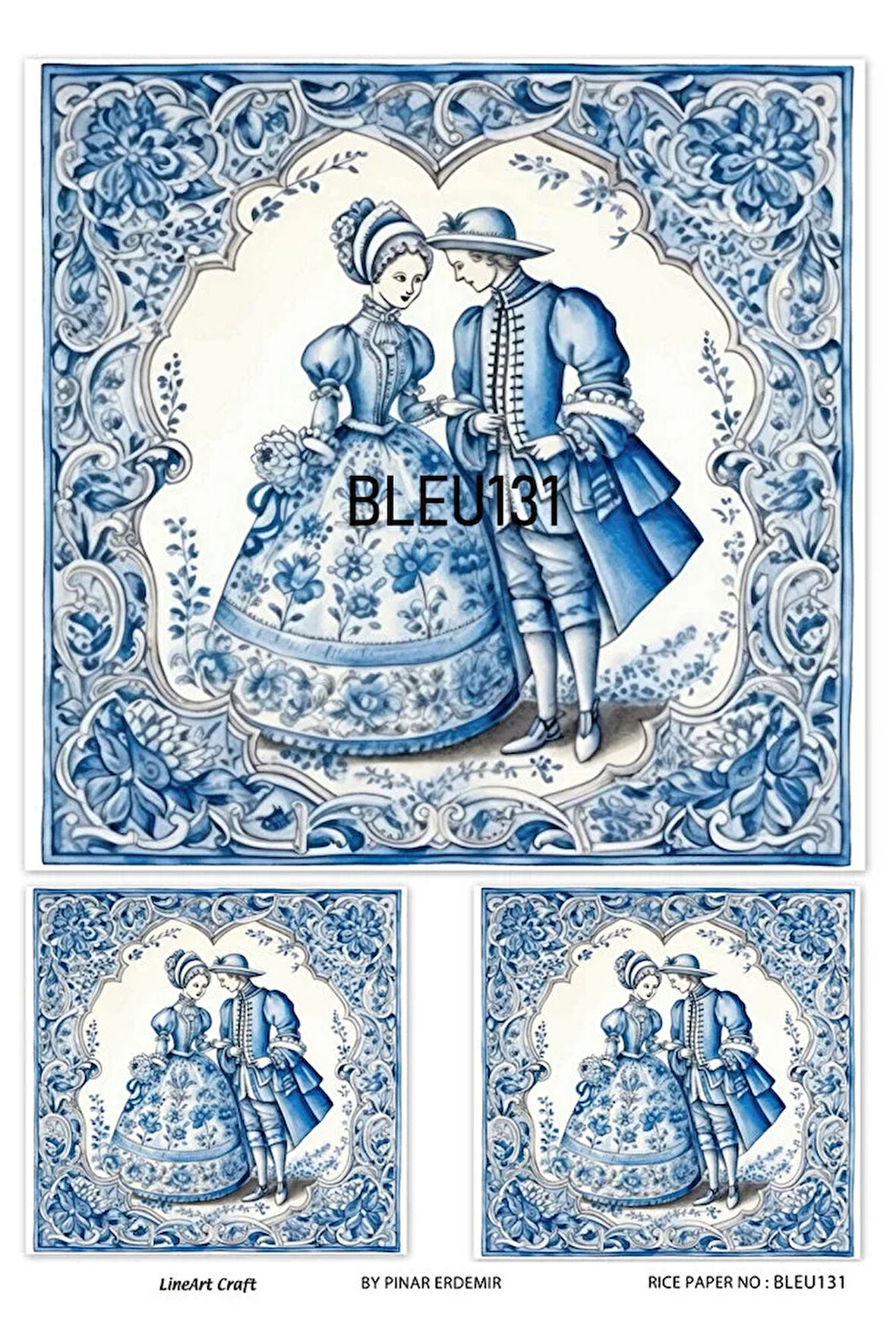 Bleu Serisi BLEU131 Mavi Beyaz, Porselen Desenli 30*42 cm Pirinç Dekopaj