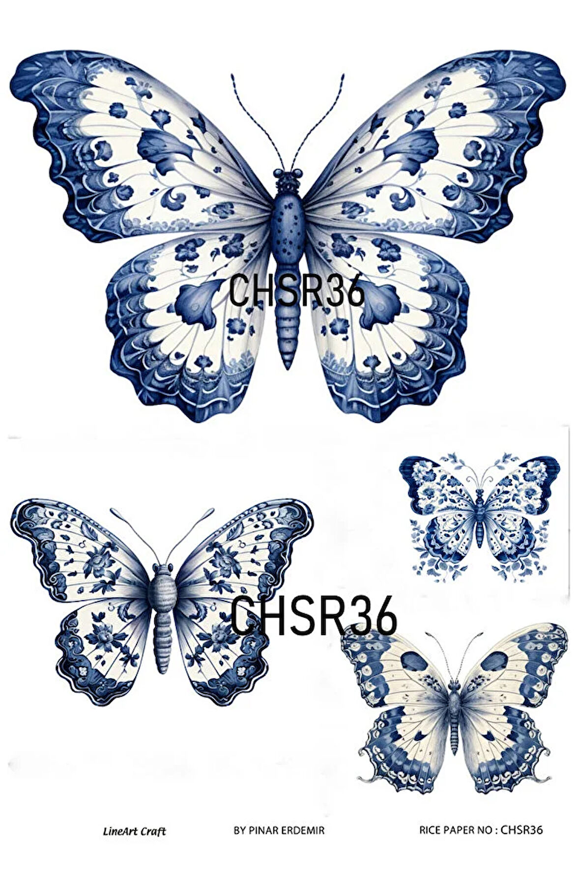 Chino Serisi CHSR36 Mavi Beyaz, Kelebek Desenli 30*42 cm Pirinç Dekopaj