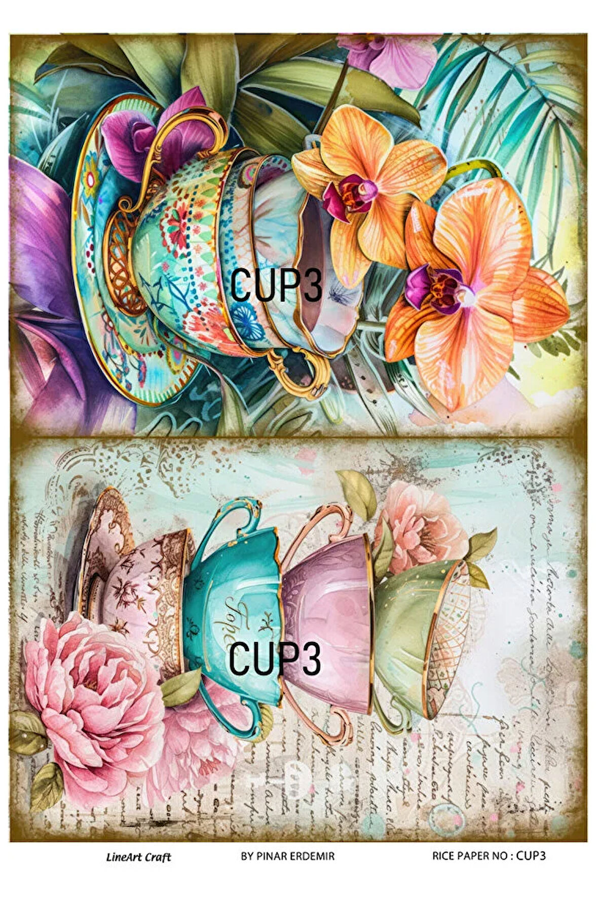 CUP Serisi CUP3 Fincan, Çiçek, Renkli Desenli 30*42 cm Pirinç Dekopaj